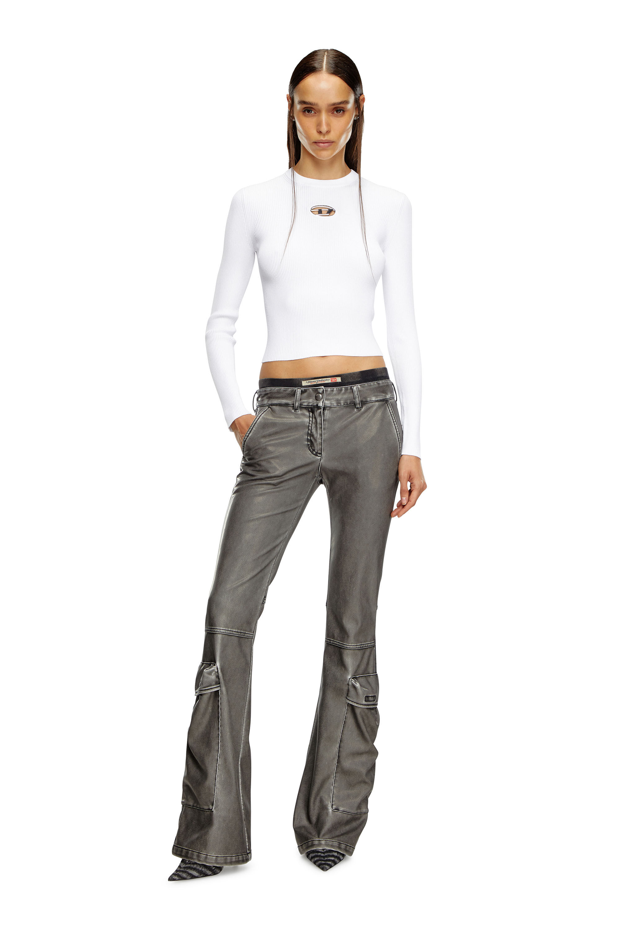 Diesel - M-VALARI, Top en viscose mélangée côtelée avec Oval D Femme in Blanc - 1