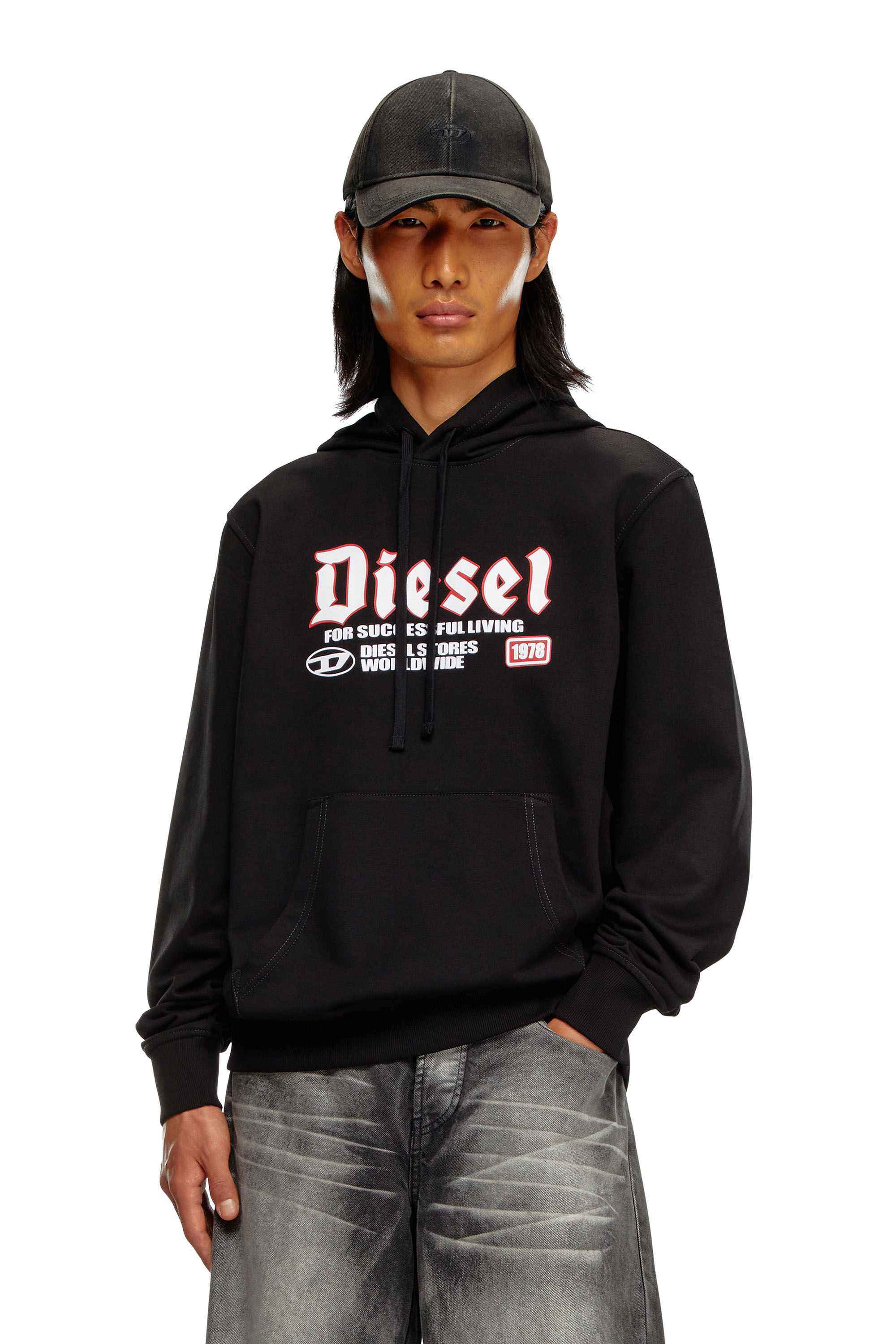 Sweat shirt a capuche avec logo floque Homme Noir Diesel