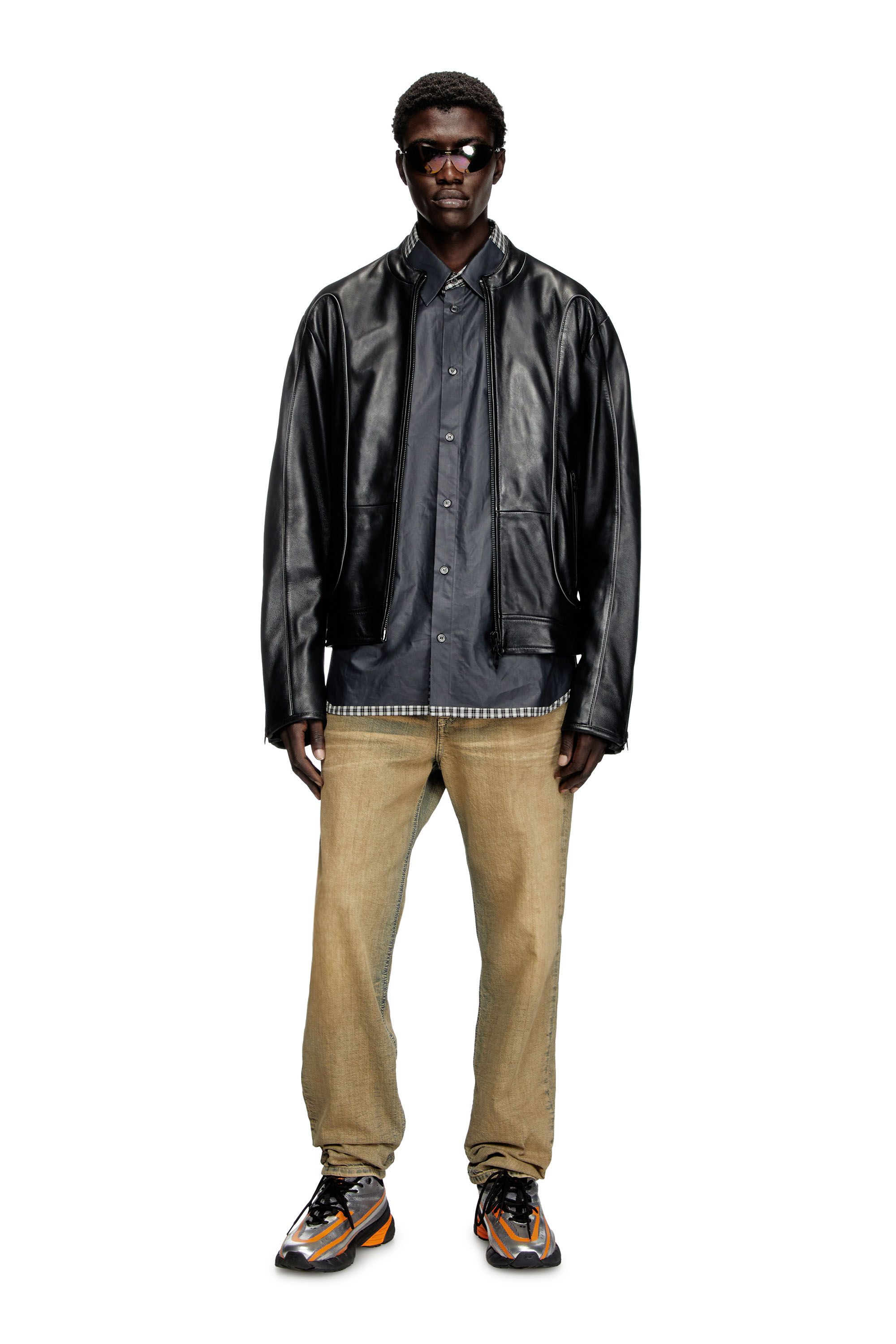 Diesel - L-KRIXY, Veste biker en cuir avec détails passepoilés Homme in Noir - 1