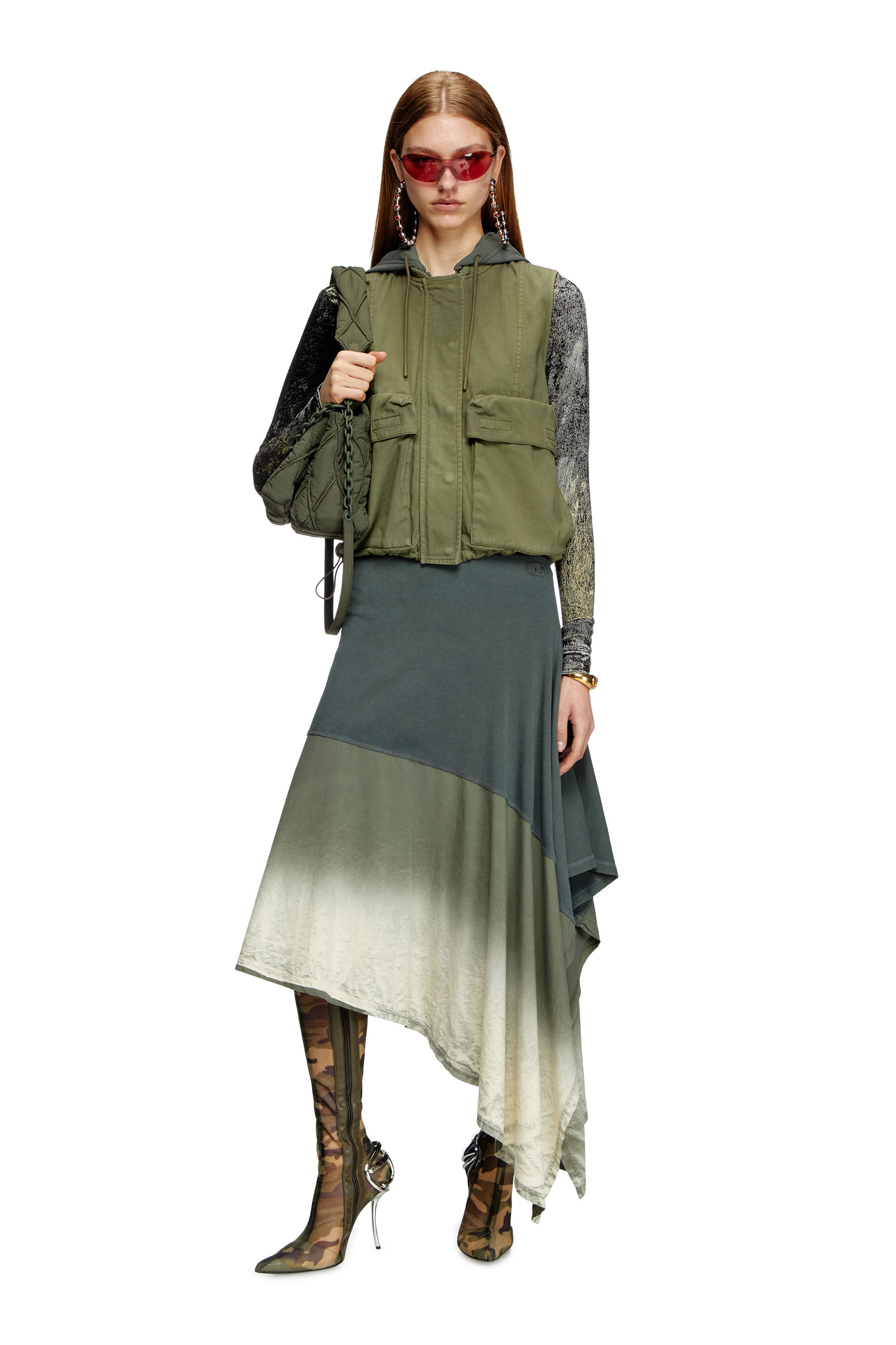 Diesel - G-ENESIS, Gilet cargo à capuche en sergé de coton Femme in Vert - 1