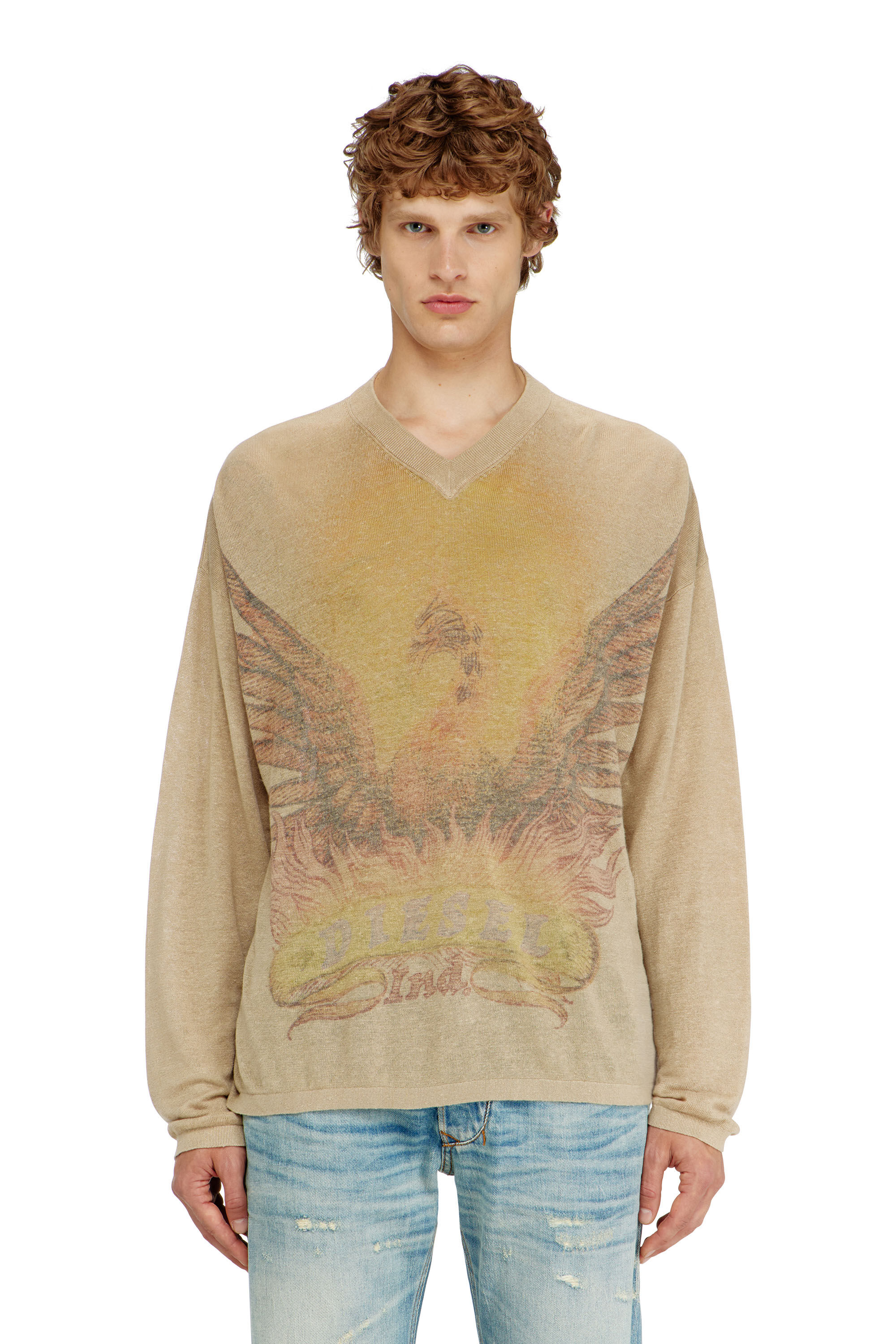 Diesel - K-ARMINS, Pull en lin avec imprim&eacute; Phoenix d&eacute;lav&eacute; Homme in Beige - 3