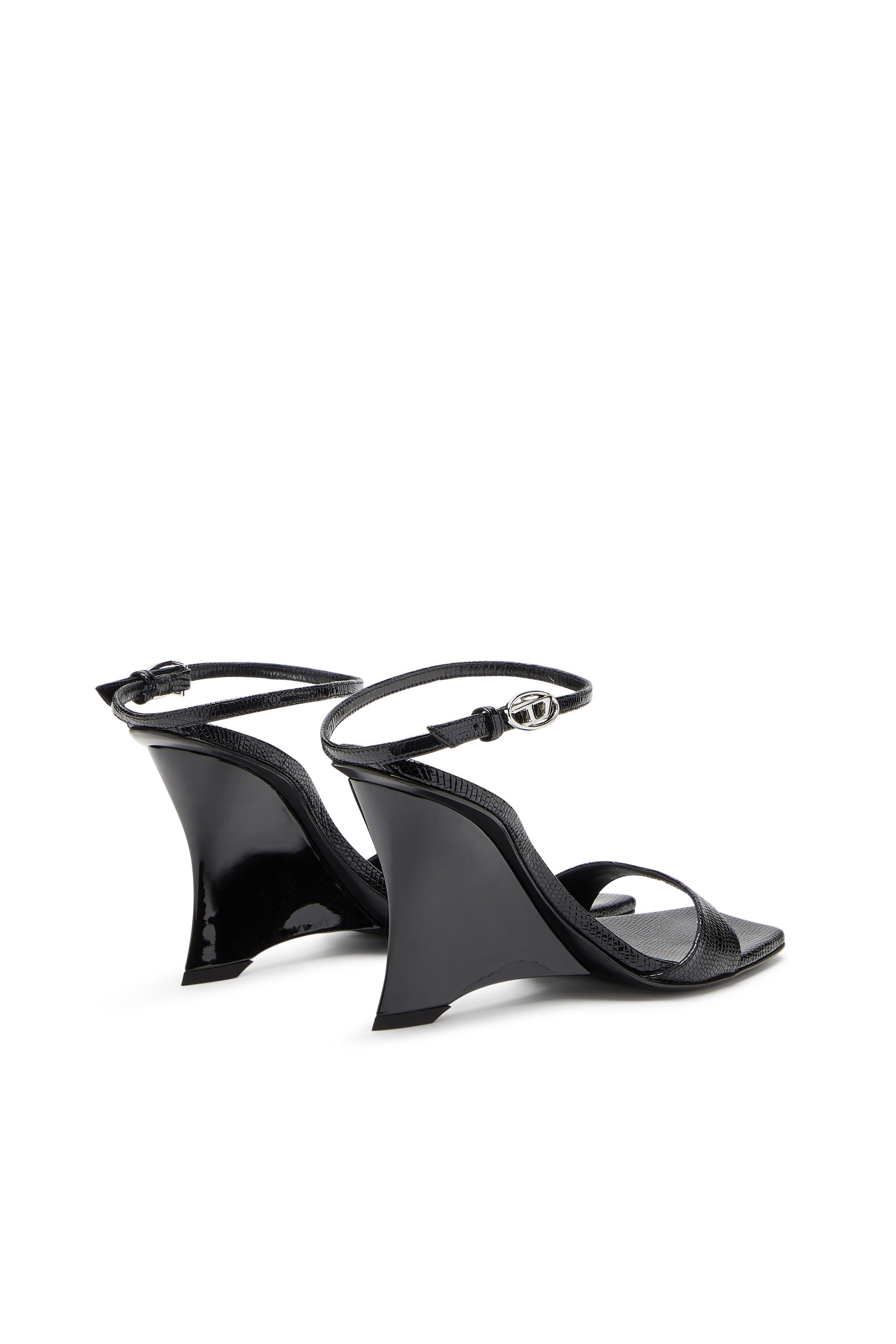Diesel - D-AMBER SANDAL WEDGE, Sandales à talons compensés en cuir effet lézard Femme in Noir - 3