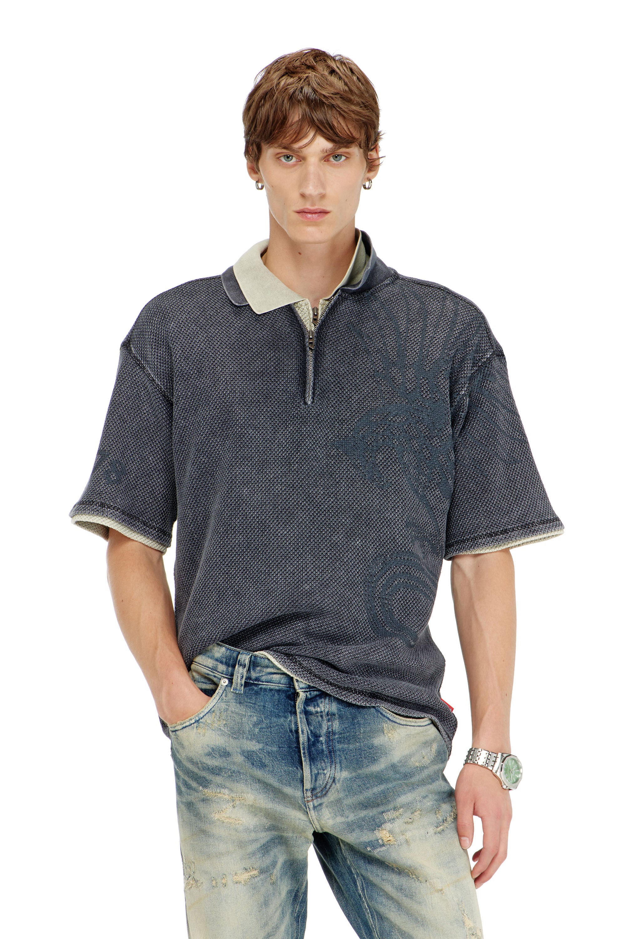 Diesel - T-ERRY-ZIP, Polo en mesh jacquard avec imprim&eacute; Phoenix Homme in Gris - 3