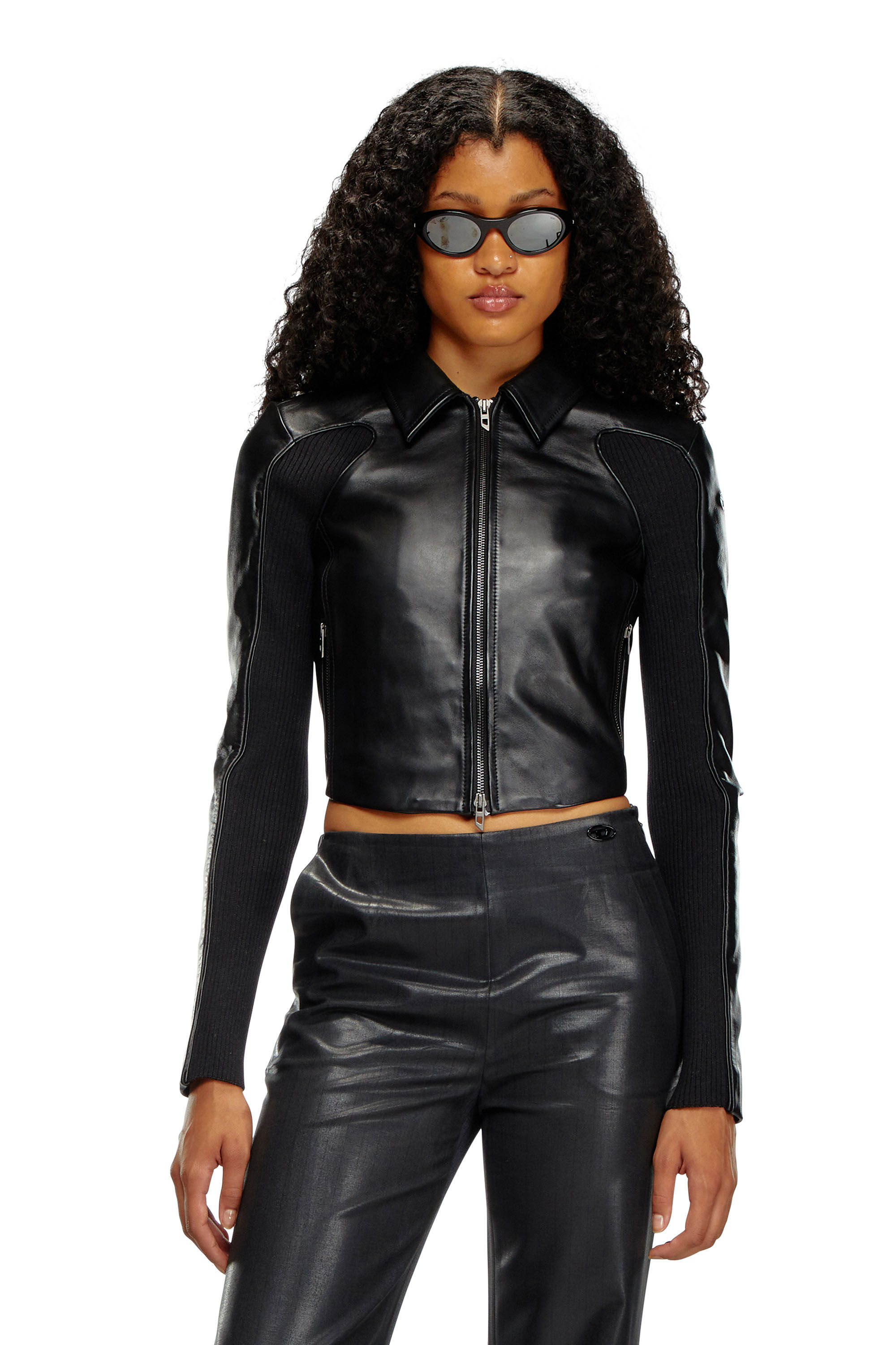 Veste crop en cuir avec empiecements en maille Femme Noir Diesel
