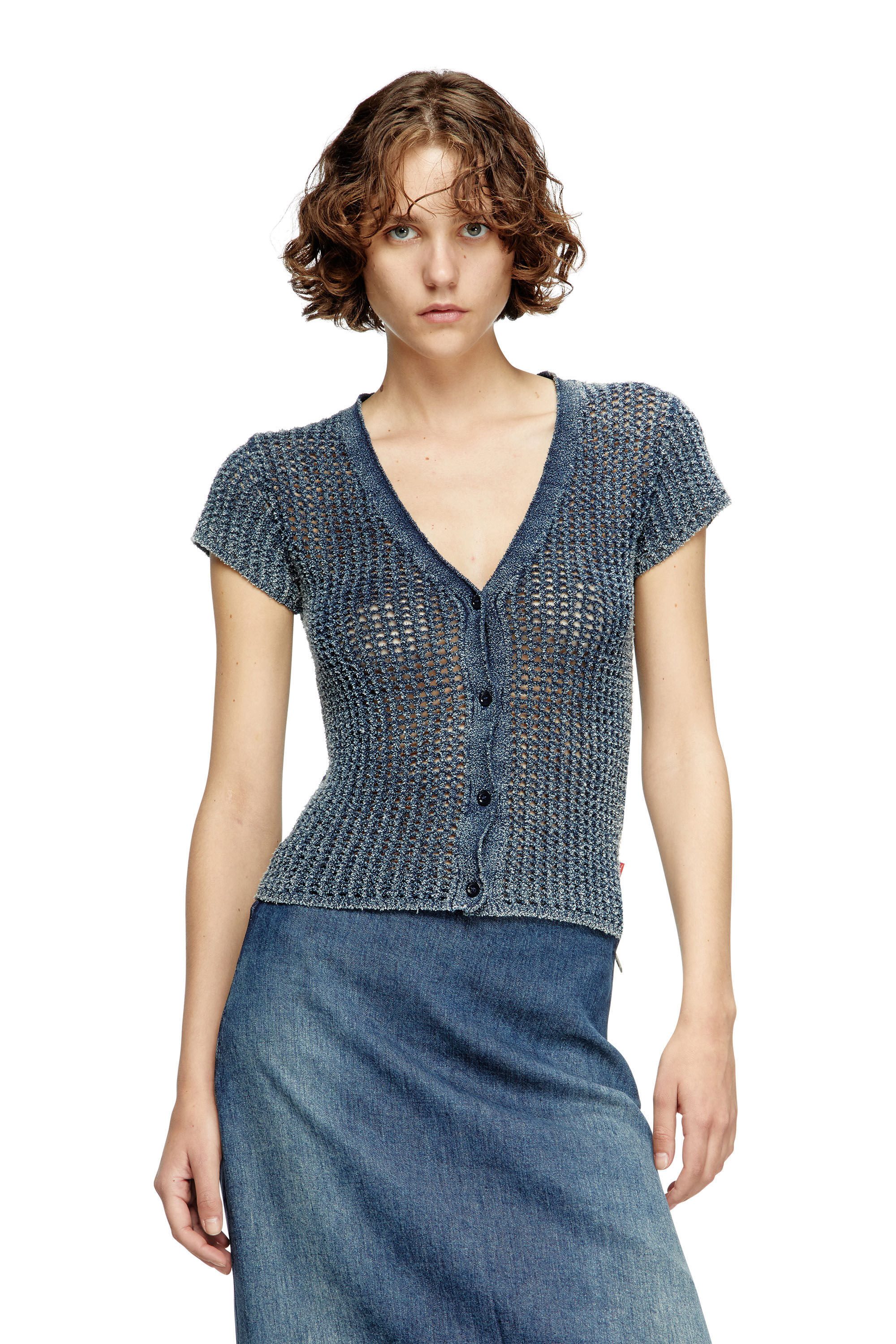 Diesel - M-REZ, Gilet à manches courtes en maille mesh effet denim Femme in Bleu - 3