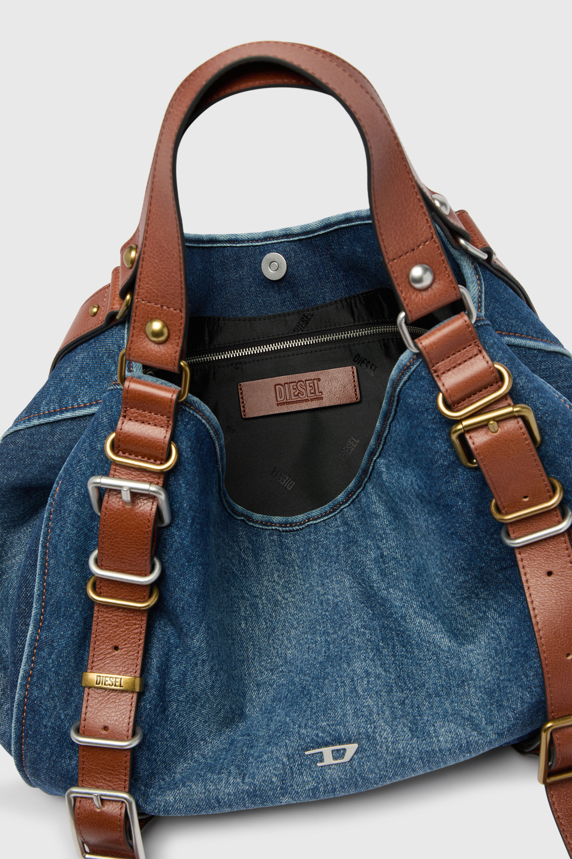 Diesel - D-ONE TOPHANDLE M, D-One-Medium sac &agrave; poign&eacute;e sup&eacute;rieure en denim et cuir Femme in Bleu - 3