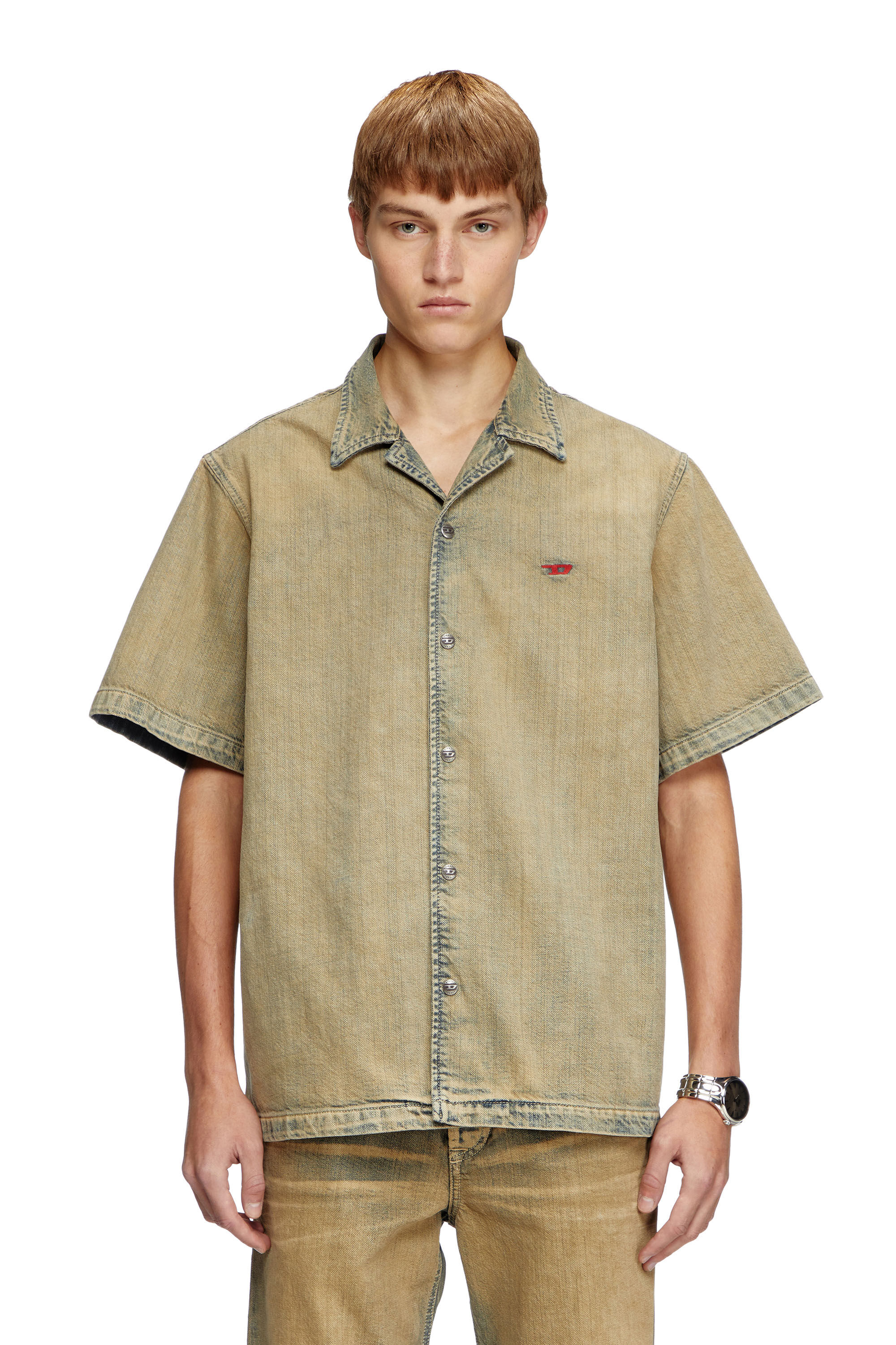 Diesel - D-NABIL-D, Chemise bowling en denim brossé doré Homme in Beige - 3