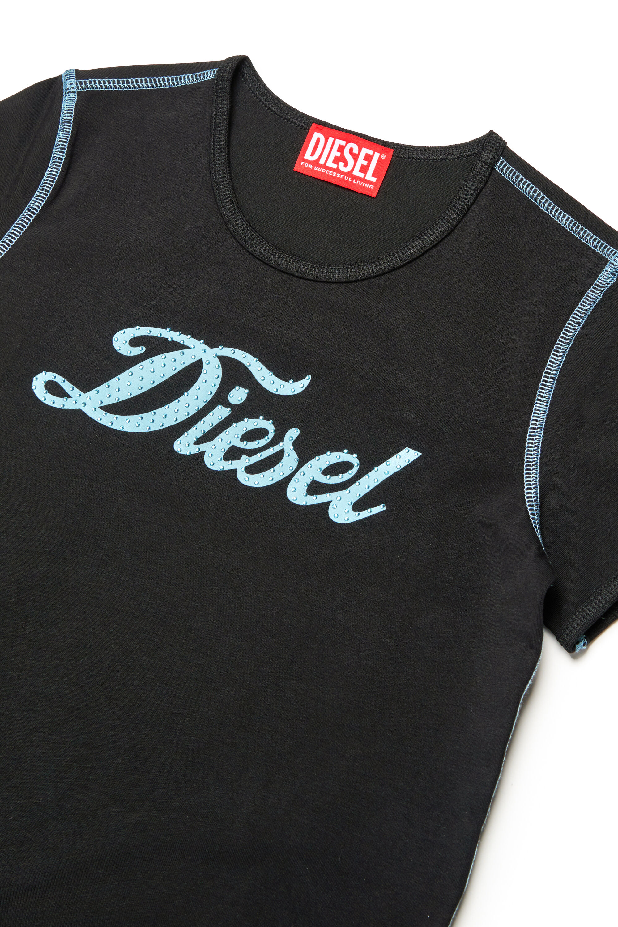 Diesel - TUNCUTIELONGL3, T-shirt avec logo imprimé et cristal Femme in Noir - 3