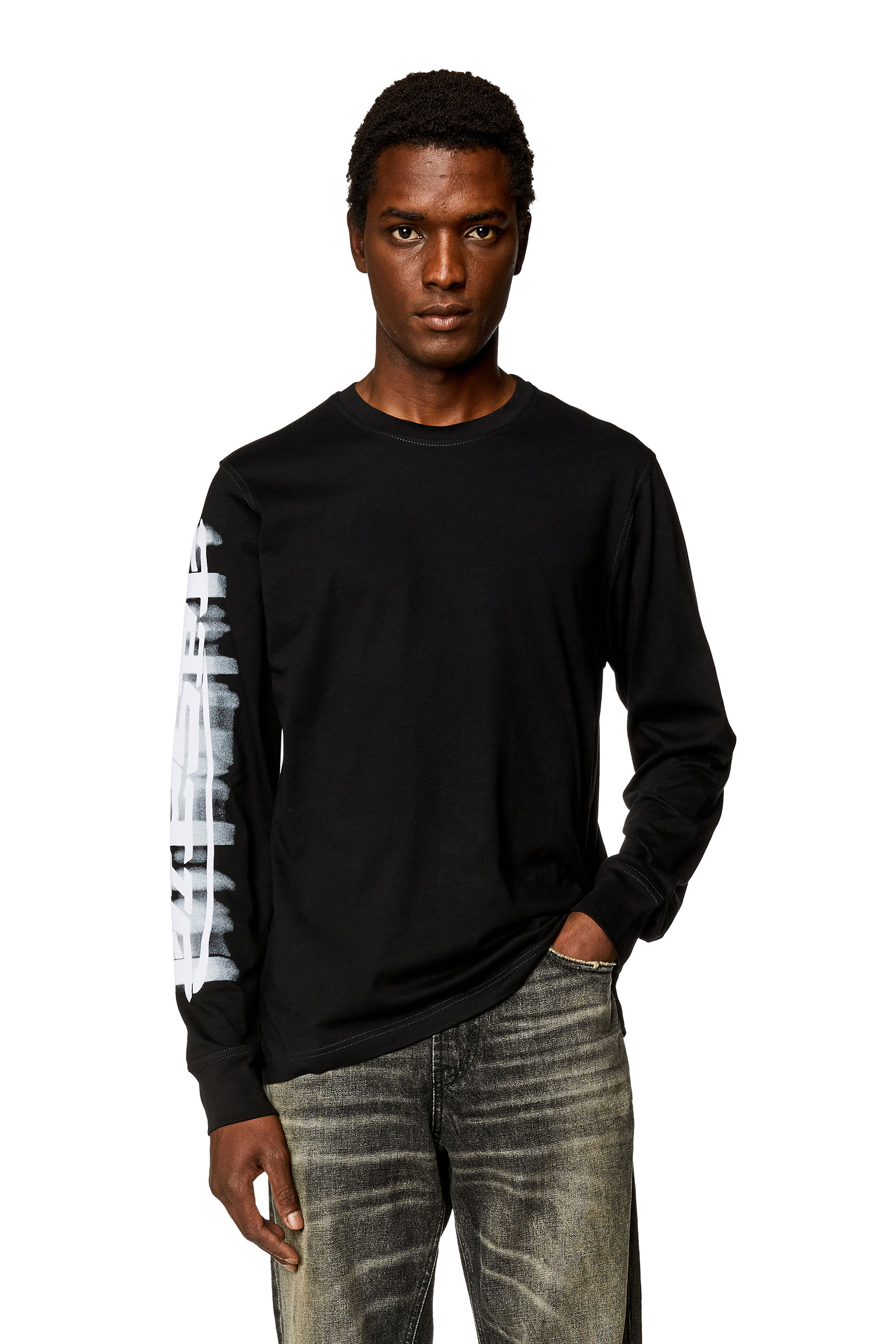 Diesel - T-JUST-LS-SLITS-N2, T-shirt à manches longues avec imprimé Diesel effet flou Homme in Noir - 3