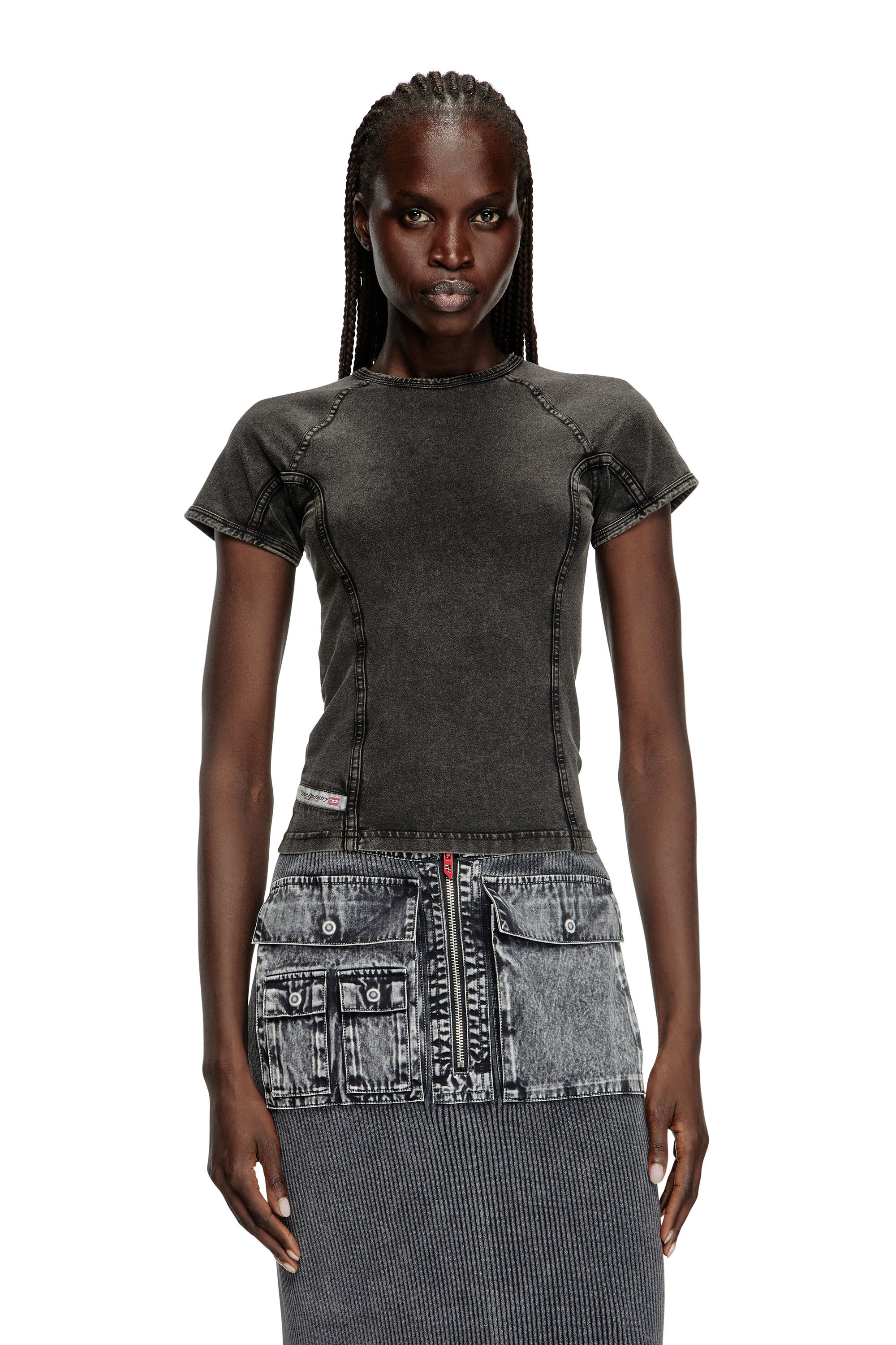 Diesel - T-LYNNE, Top effet denim en jersey stretch Femme in Noir - 3
