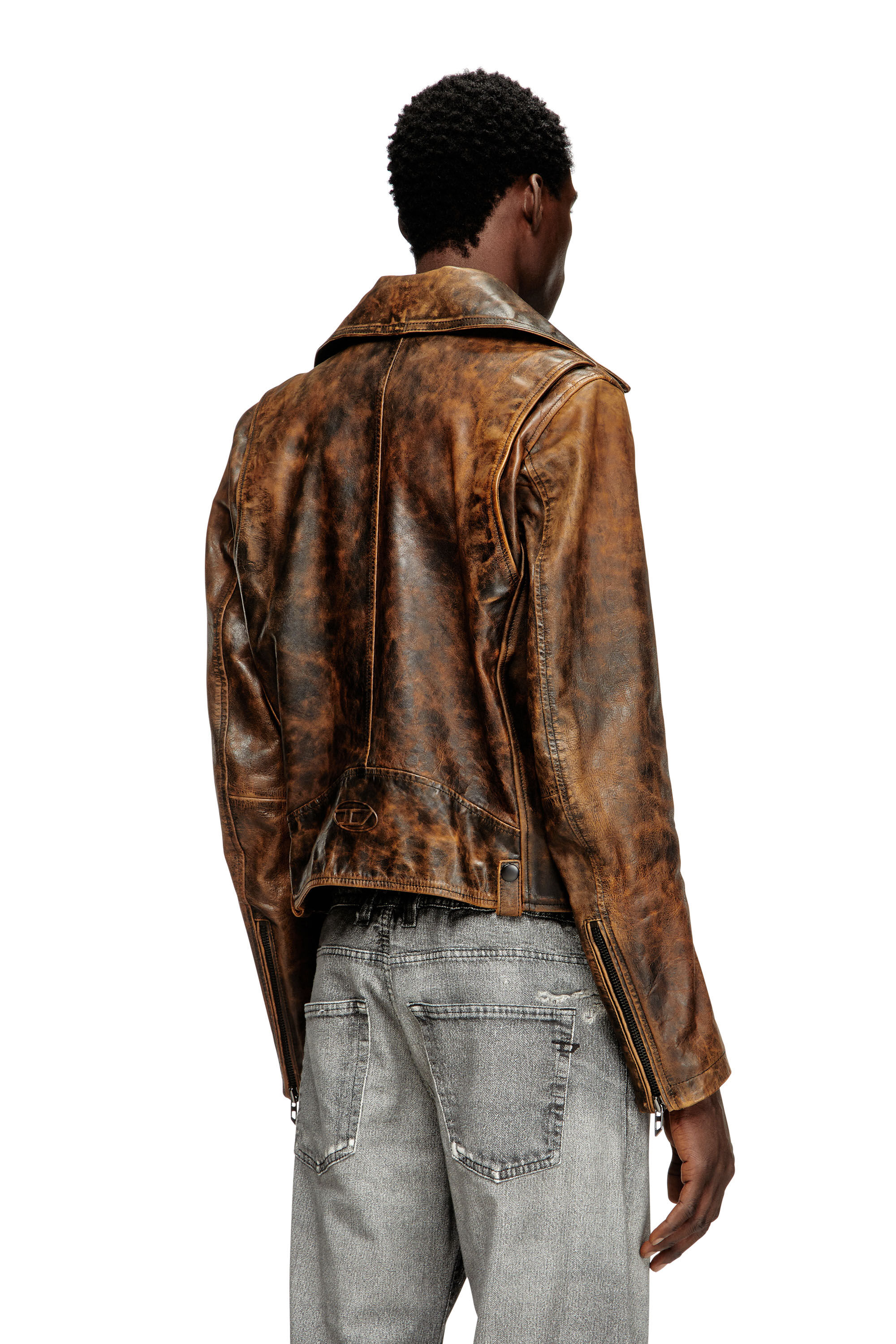 Diesel - L-EON, Blouson de motard en cuir traité Homme in Marron - 4