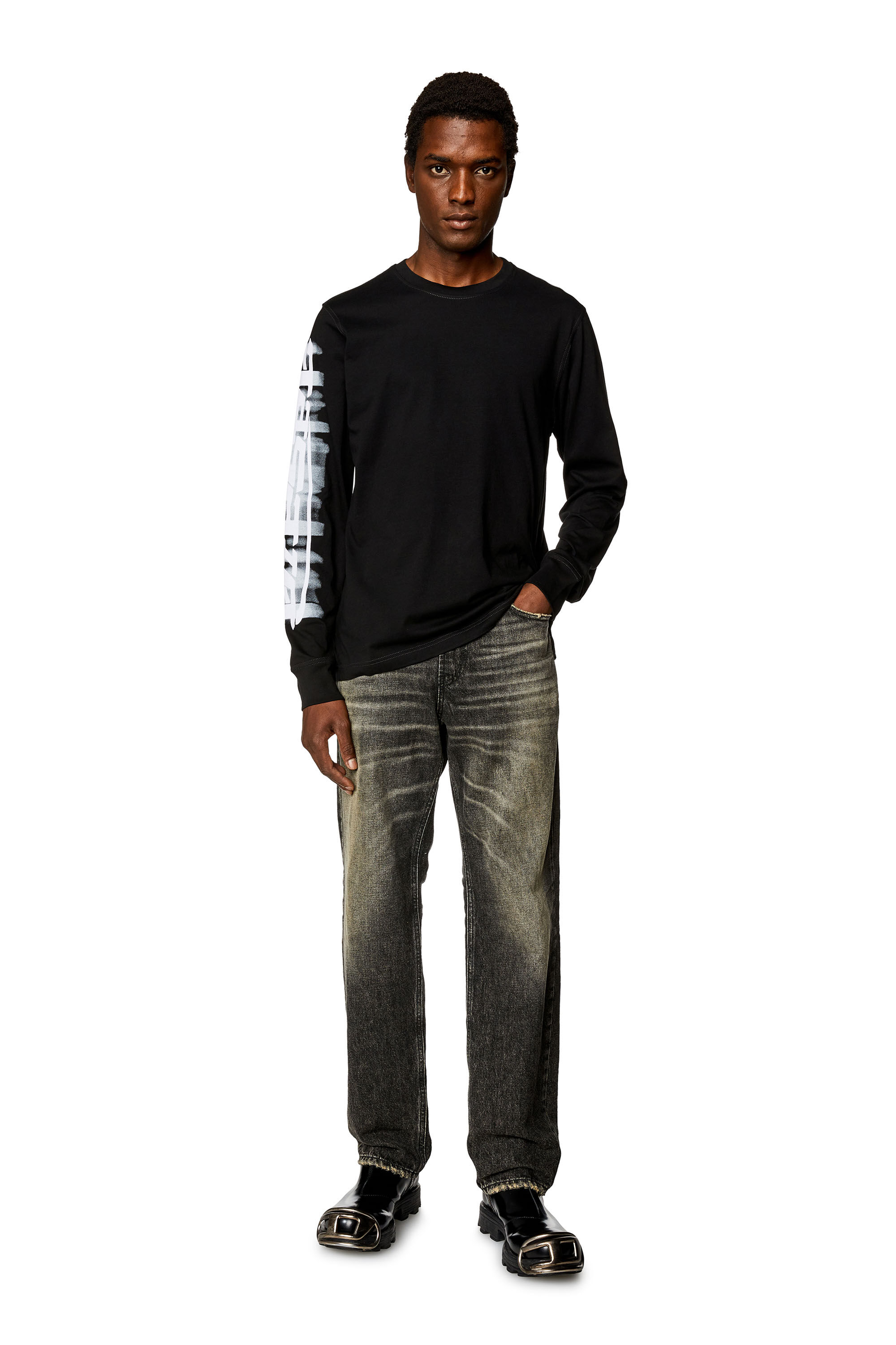 Diesel - T-JUST-LS-SLITS-N2, T-shirt à manches longues avec imprimé Diesel effet flou Homme in Noir - 1