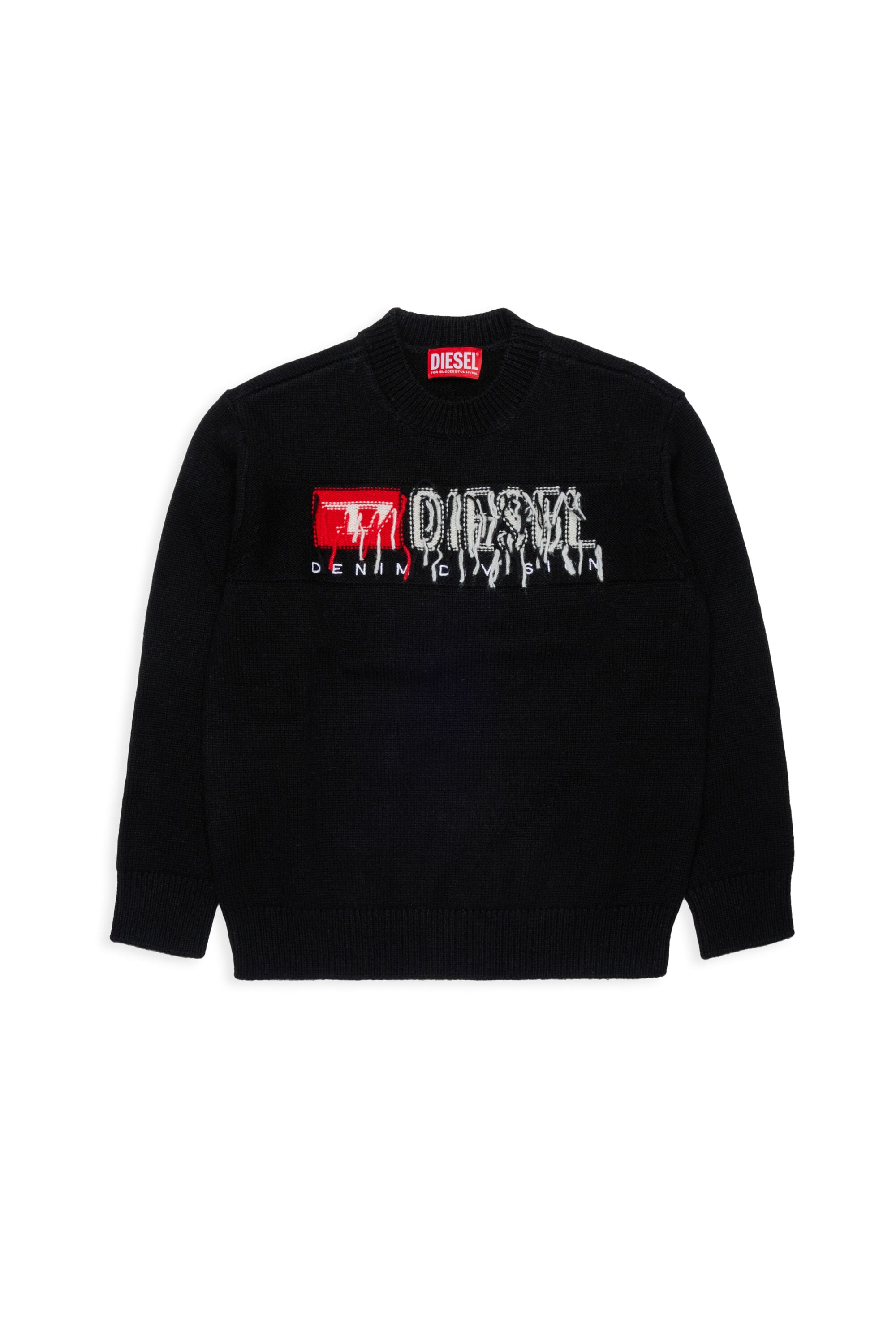 Diesel - KONZI OVER, Pull enrichi de cachemire avec logo destroyed Homme in Noir - 1