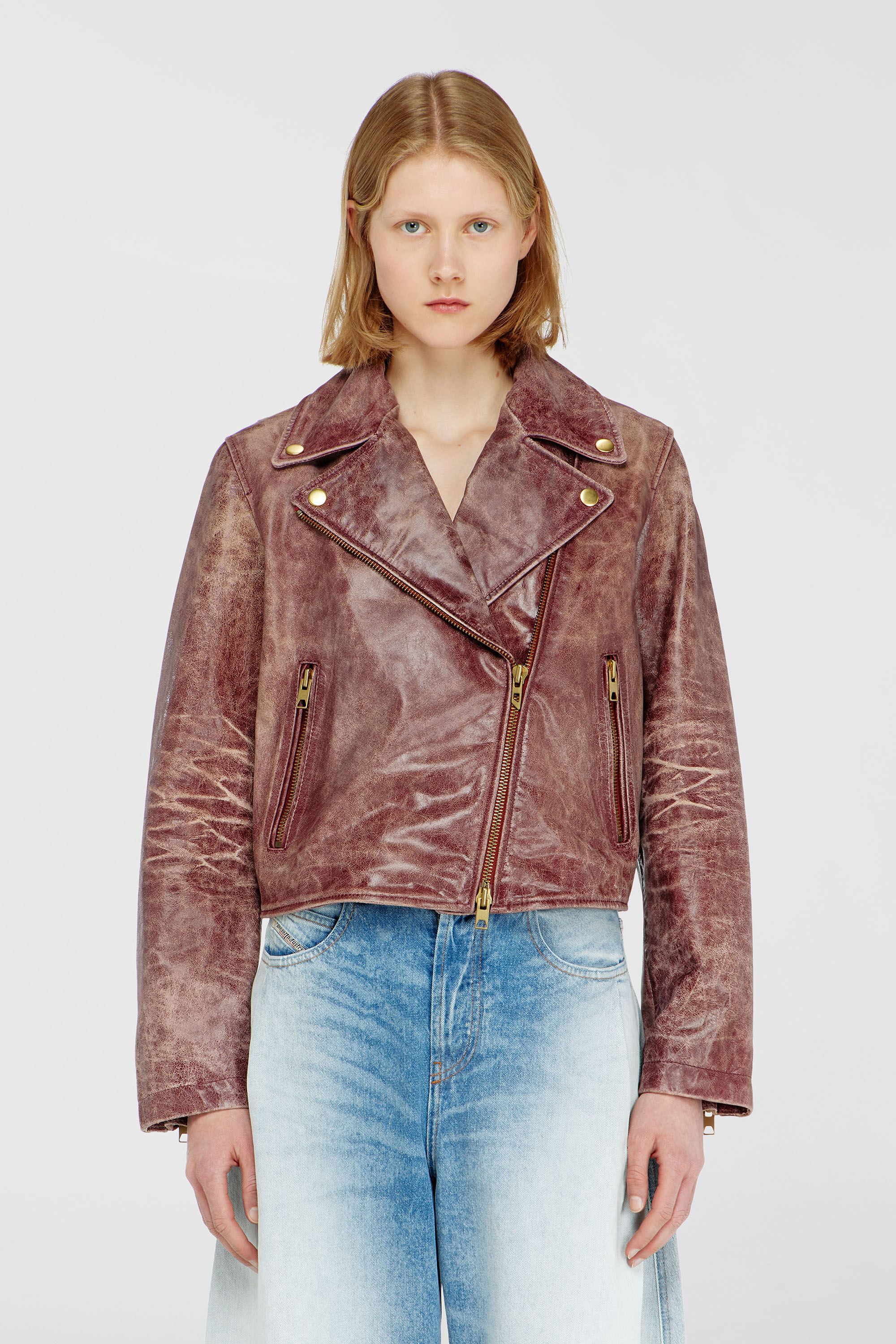 Diesel - L-UNATIC-T1, Veste biker en cuir trait&eacute; Femme in Rouge - 5