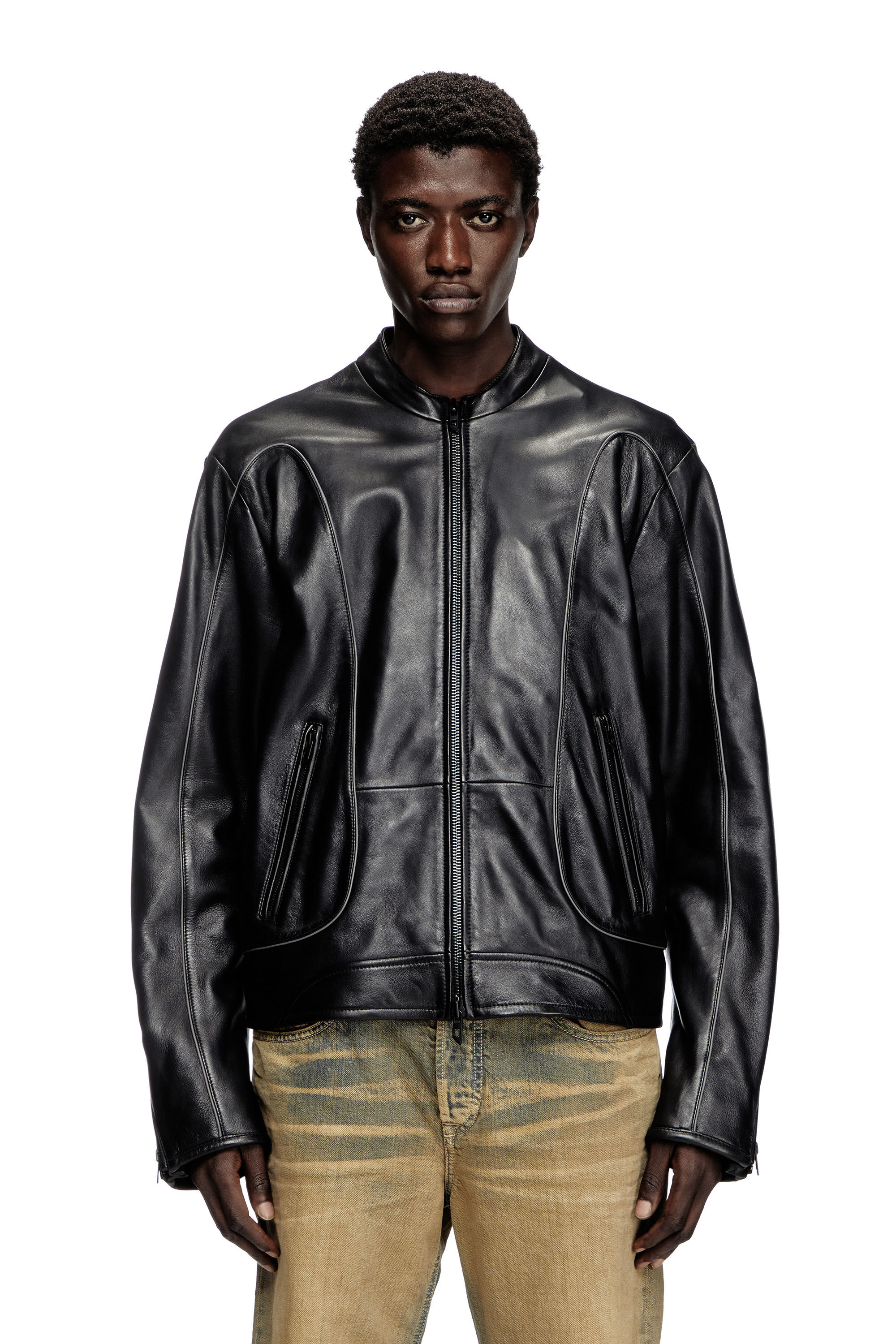 Diesel - L-KRIXY, Veste biker en cuir avec détails passepoilés Homme in Noir - 3