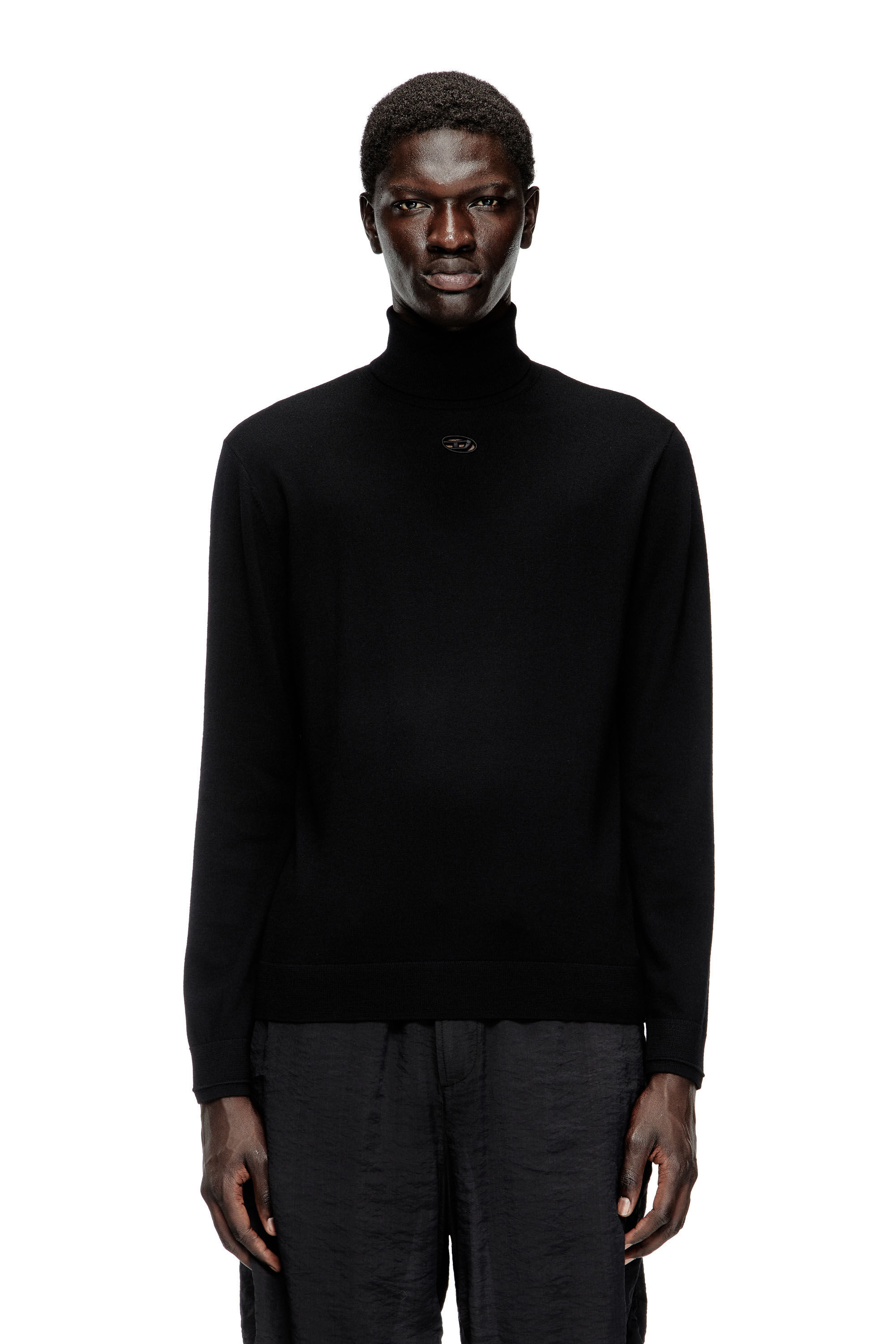 Diesel - K-VARTA, Pull à col roulé en laine avec logo ajouré Homme in Noir - 3