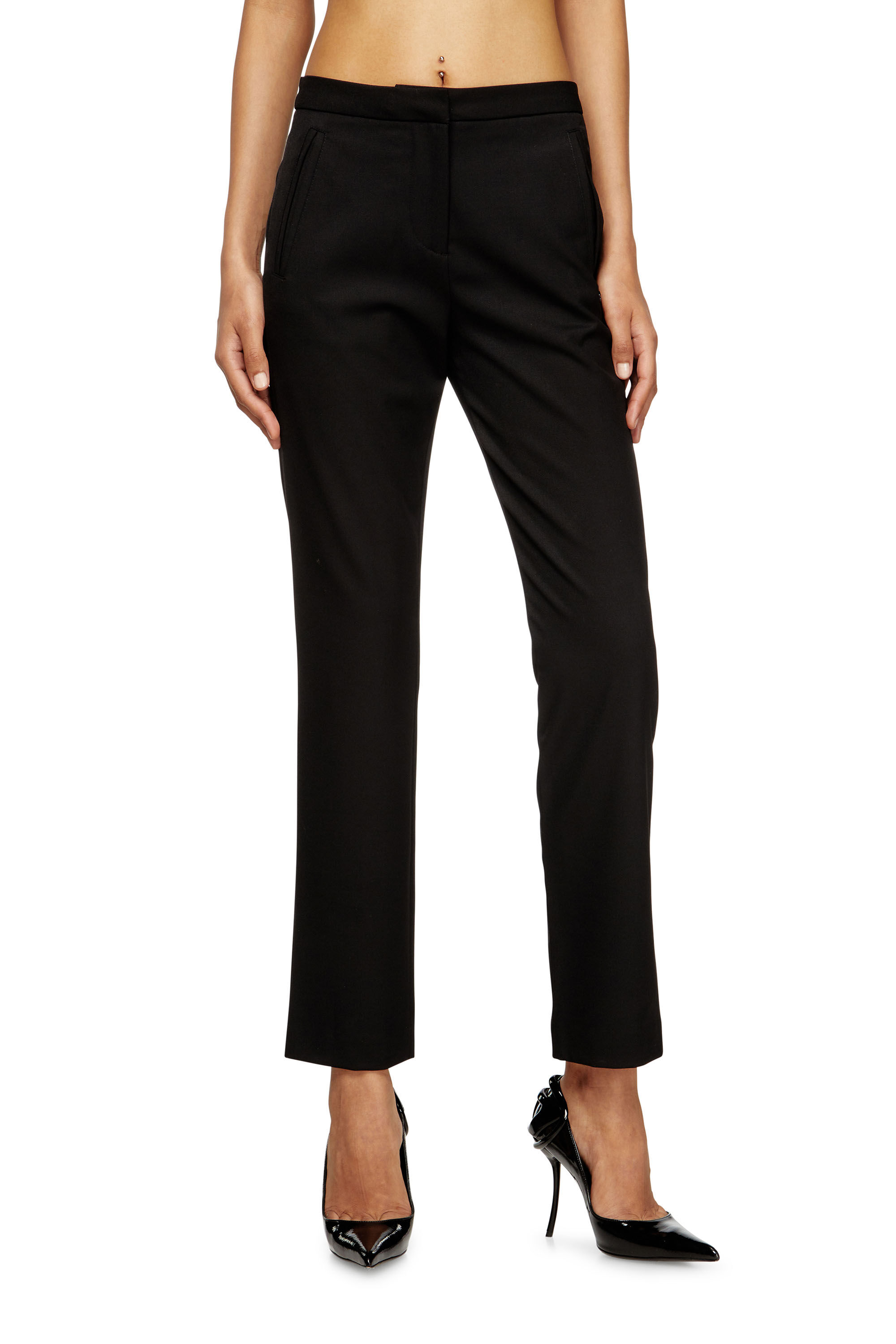 Diesel - P-LACER-R2, Pantalon en mélange de laine avec poches passepoilées Femme in Noir - 3