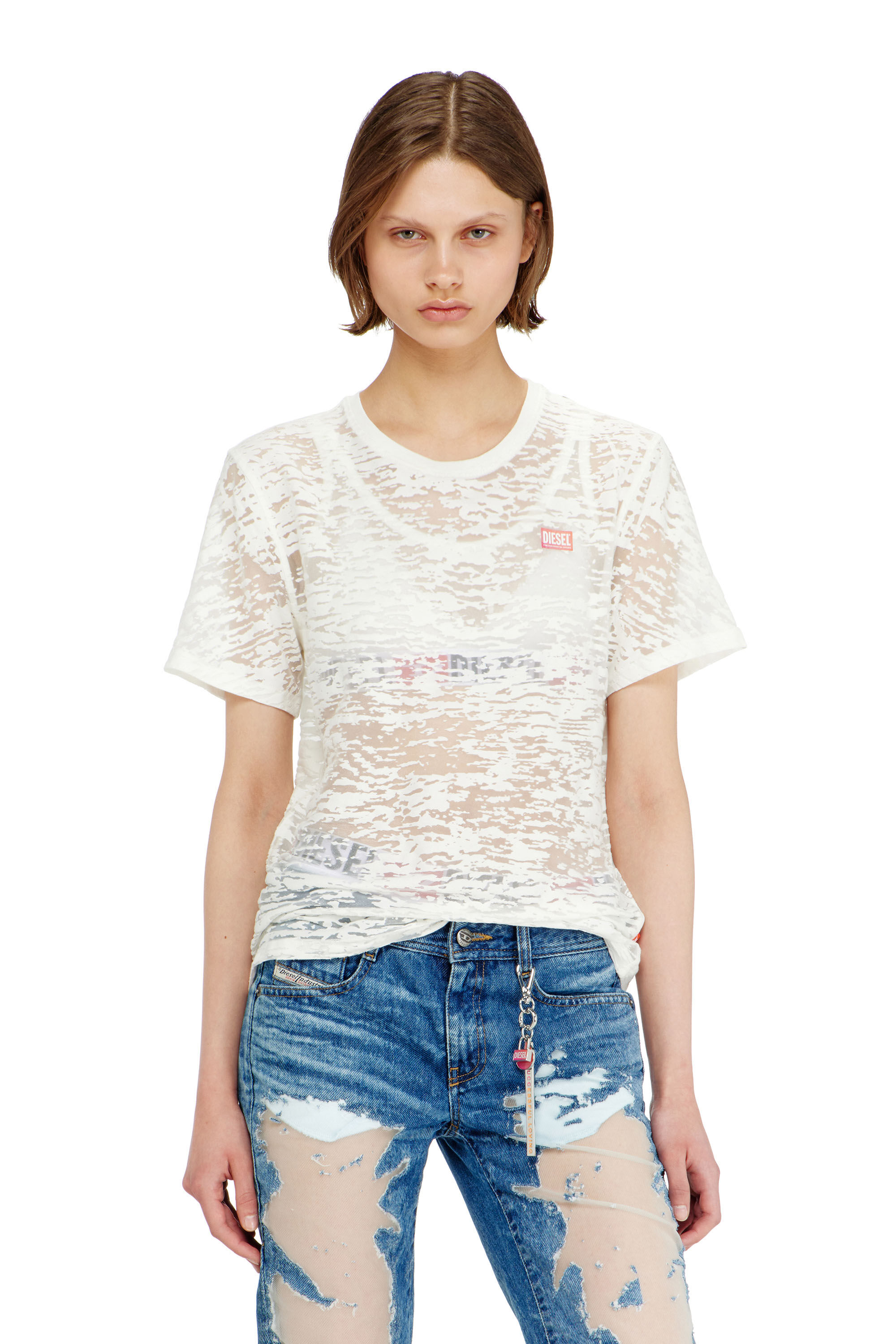 Diesel - PR-T-NOTS-MATI-R, Unisex's T-shirt in all-over devor&eacute; jersey in White - 5
