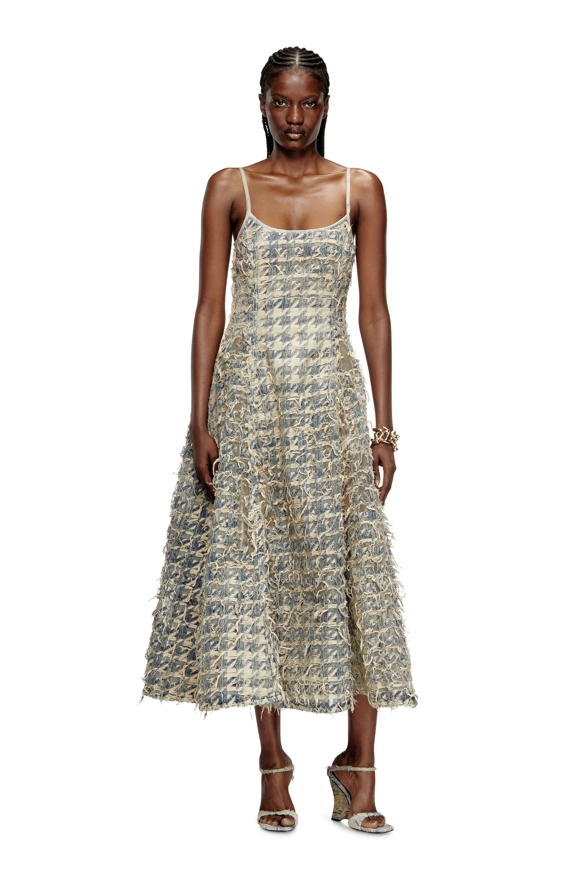 Diesel - DE-SWEENEY-LONG-FSH, Jupe longue en denim motif pied-de-poule dévoré Femme in Bleu - 3