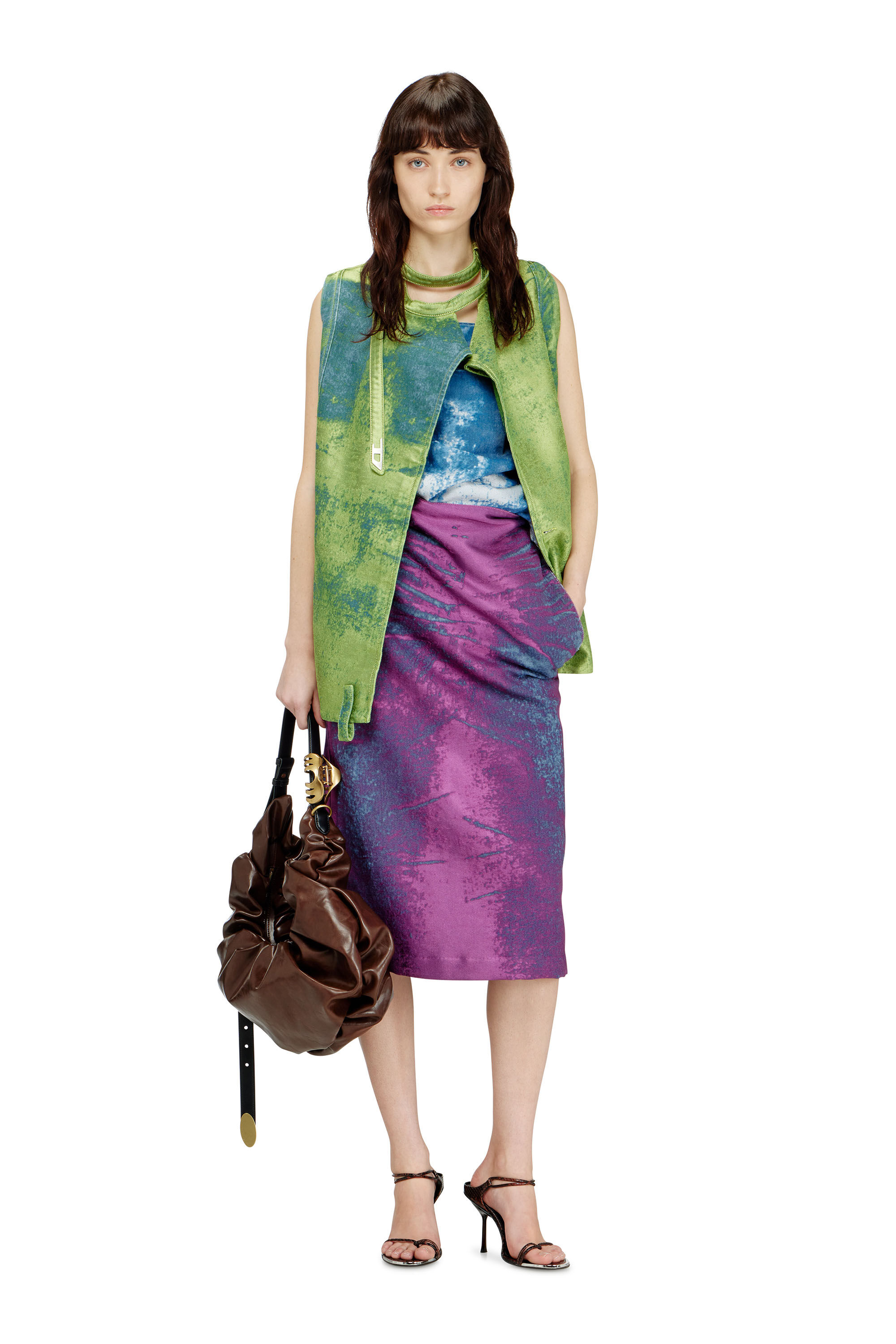 Diesel - DE-SIRA-FSI, Jupe &agrave; demi-longueur en denim satin color&eacute; Femme in Violet - 1