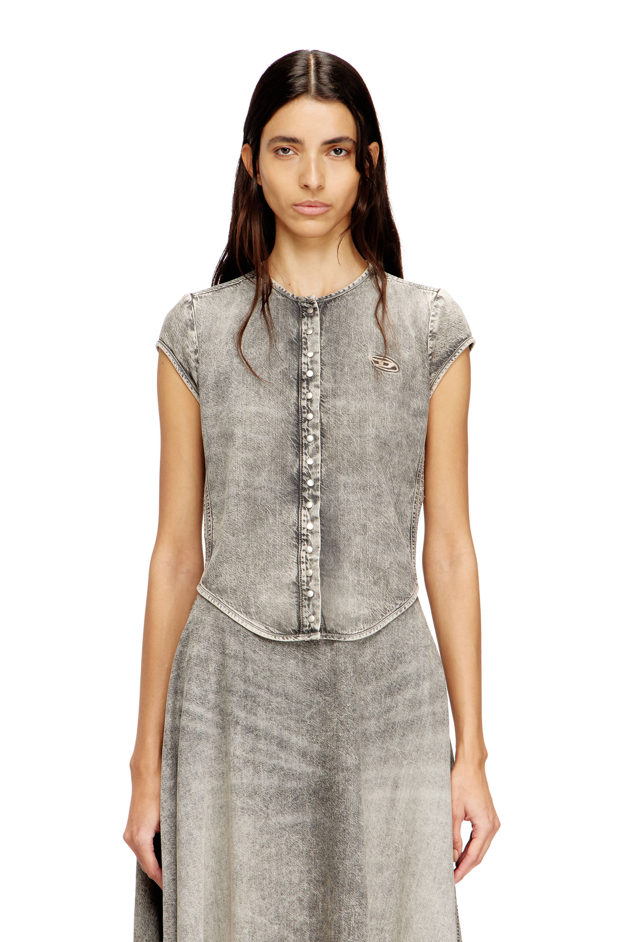 Diesel - DE-ROSET-S, Chemise en denim &agrave; manches courtes avec des rayures sportives Femme in Gris - 3