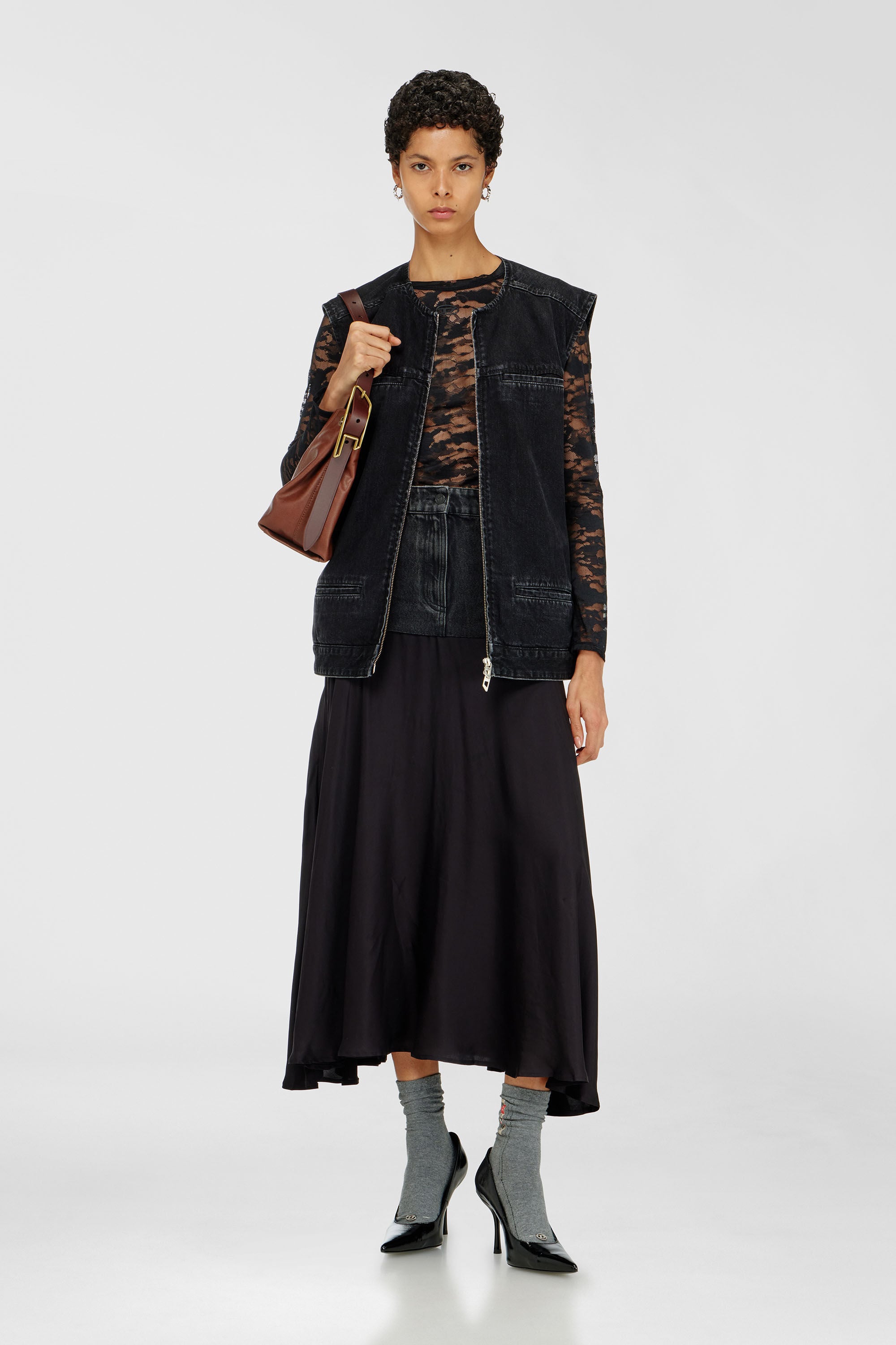 Diesel - O-RIONE, Jupe midi &agrave; empi&egrave;cements denim-satin Femme in Noir - 1