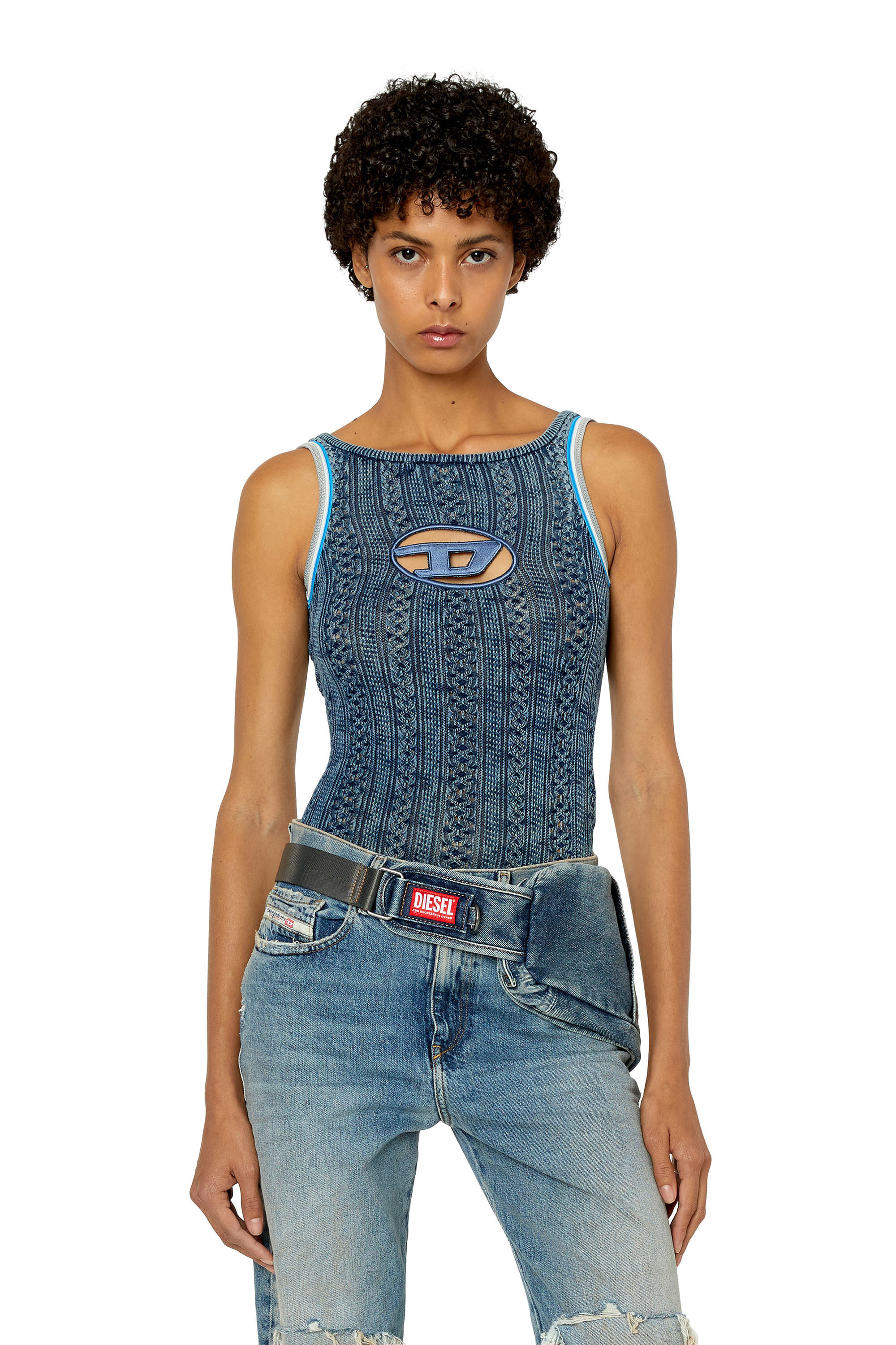 Diesel - M-ILAGROS, Body en maille pointelle avec cut-out oval D Femme in Bleu - 3