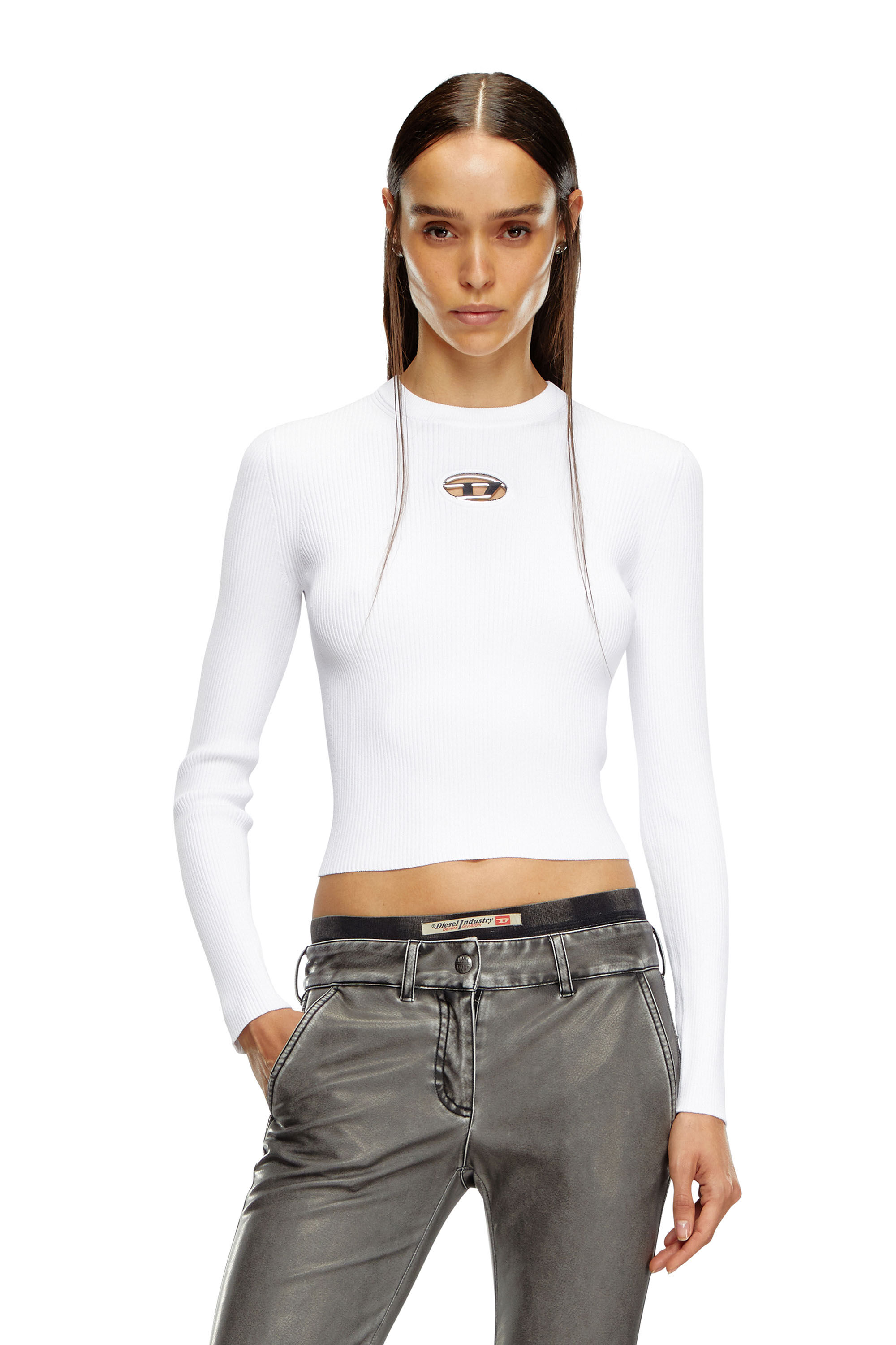 Diesel - M-VALARI, Top en viscose mélangée côtelée avec Oval D Femme in Blanc - 3