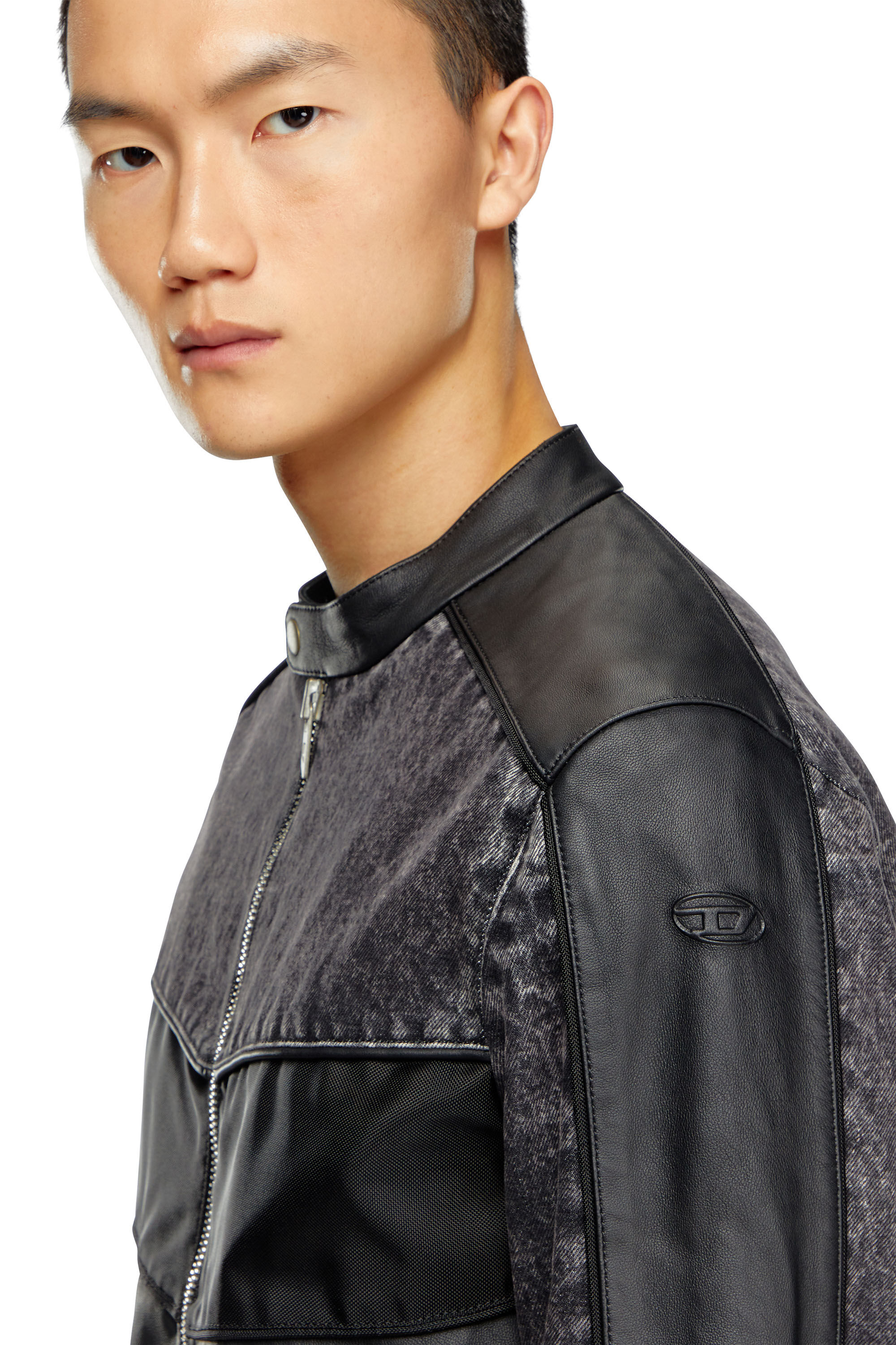 Veste en cuir avec empiecements en denim Homme Noir Diesel