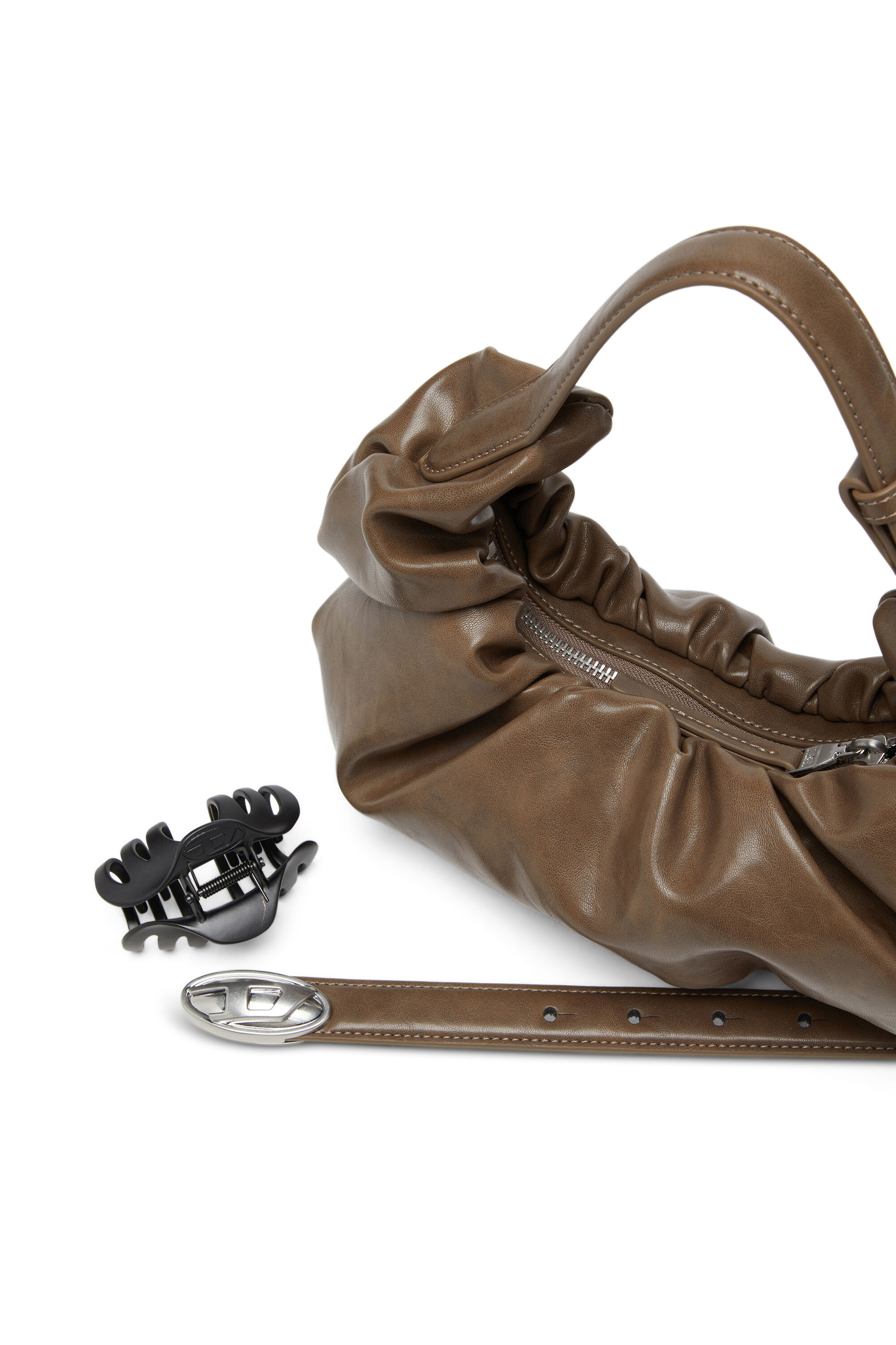 Diesel - GRAB-D HOBO S, Petit sac hobo froissé en PU brillant Femme in Marron - 5
