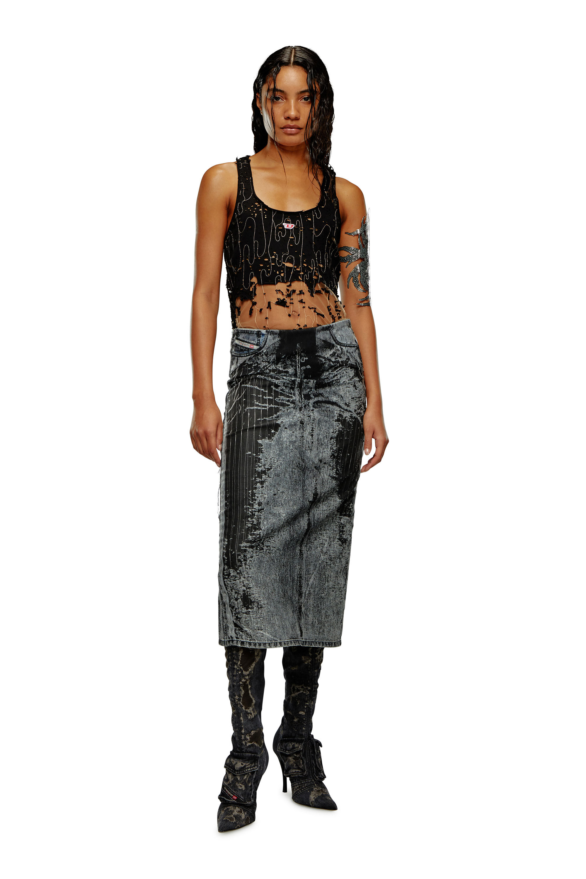 Diesel - T-BILS-DEV, Débardeur en tulle et jersey destroy Femme in Noir - 1