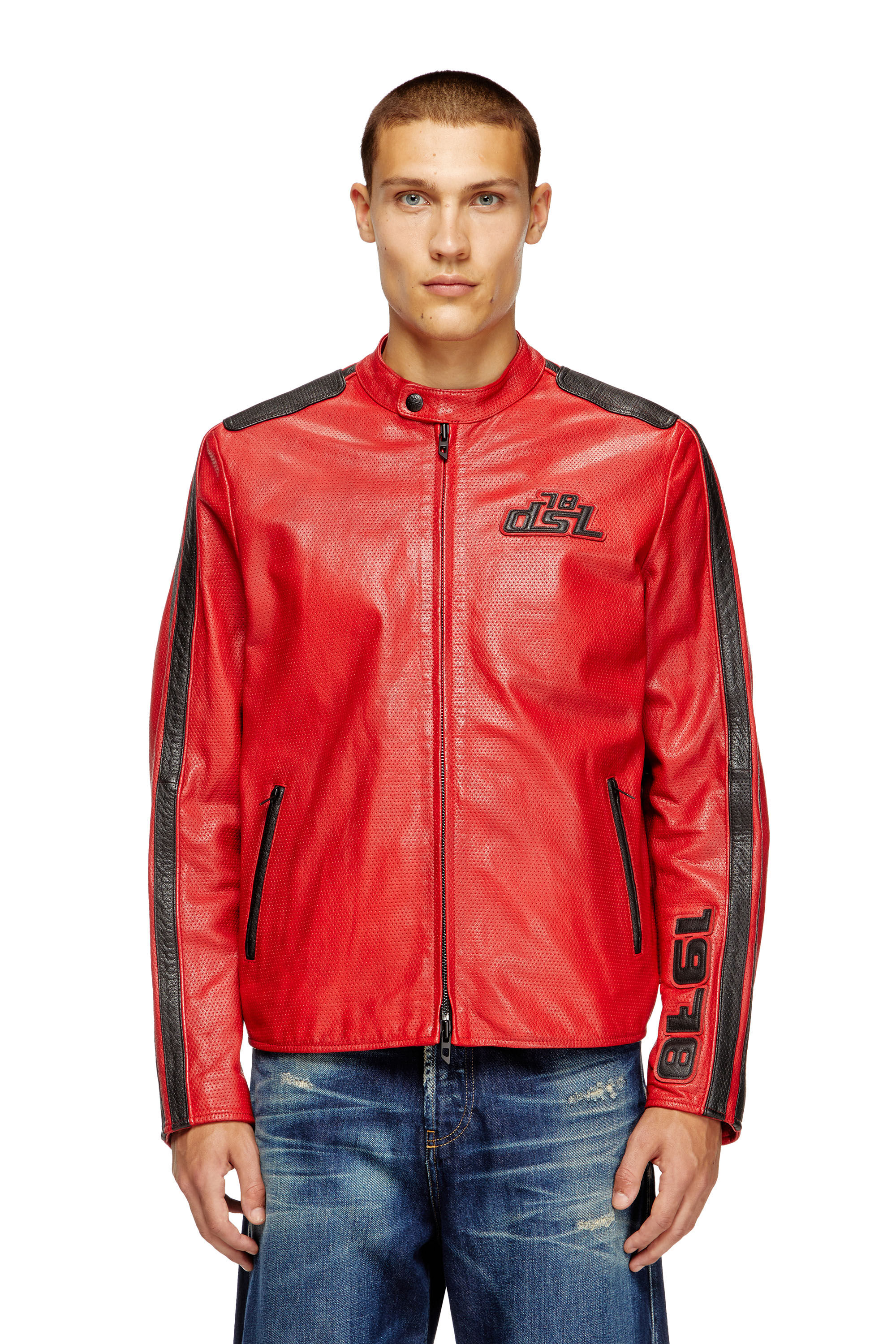 Diesel - L-POP, Veste de motard en cuir perforé Mixte in Rouge - 3