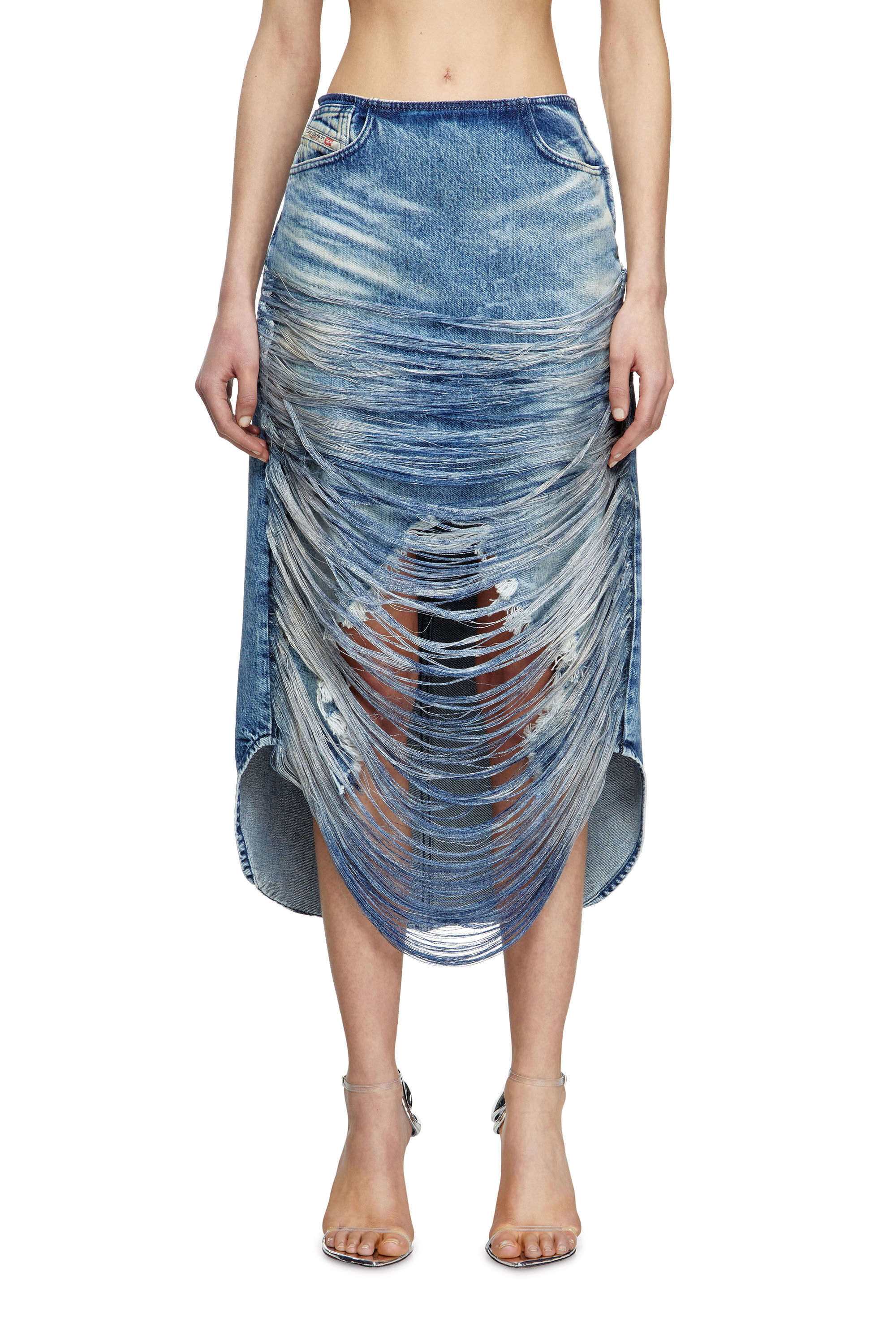Diesel - DE-PLUMY-FSG, Jupe midi en denim effiloché à effet vieilli Femme in Bleu - 3