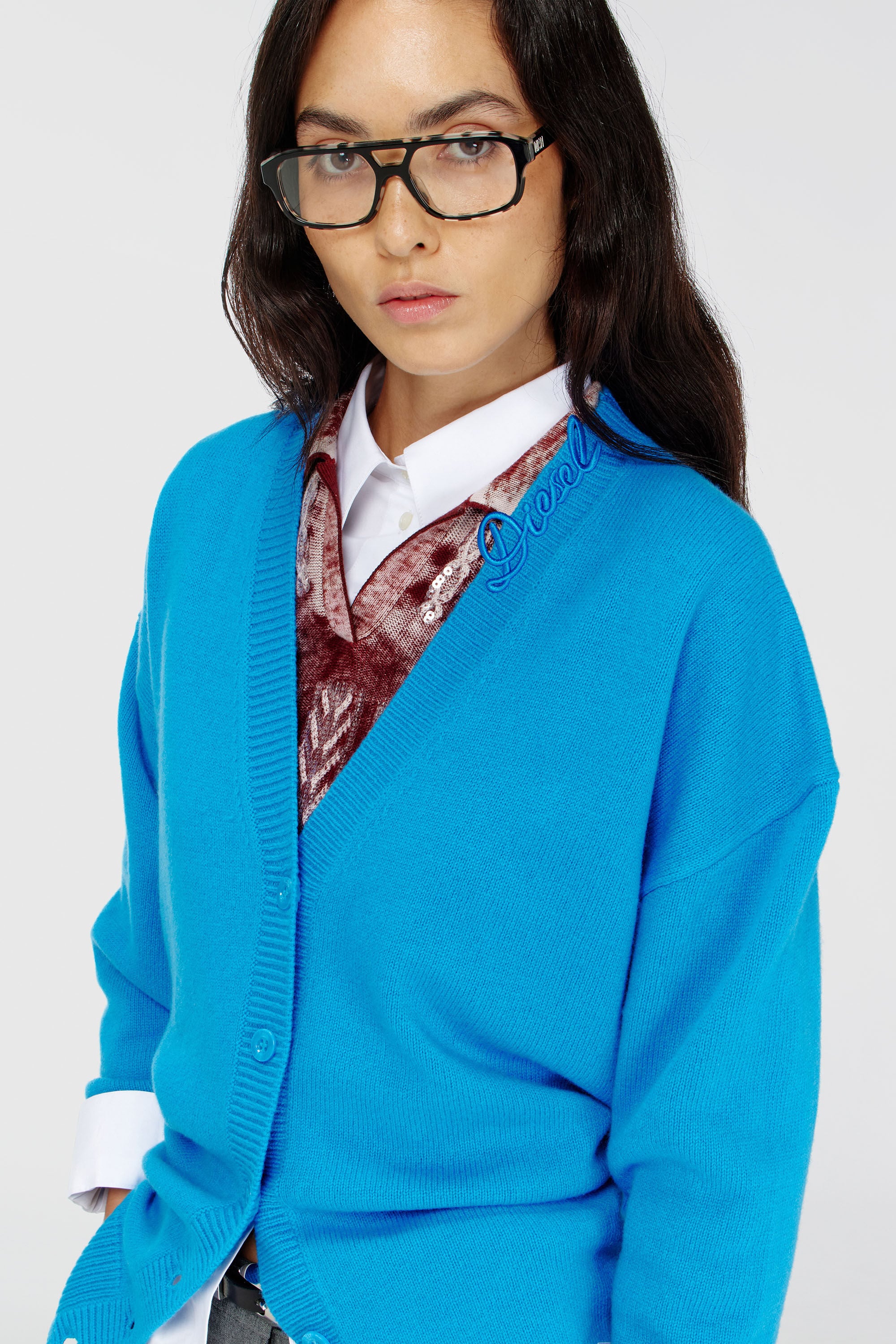 Diesel - M-IMIRA, Cardigan en laine &agrave; col en V avec logo au col Femme in Bleu - 4