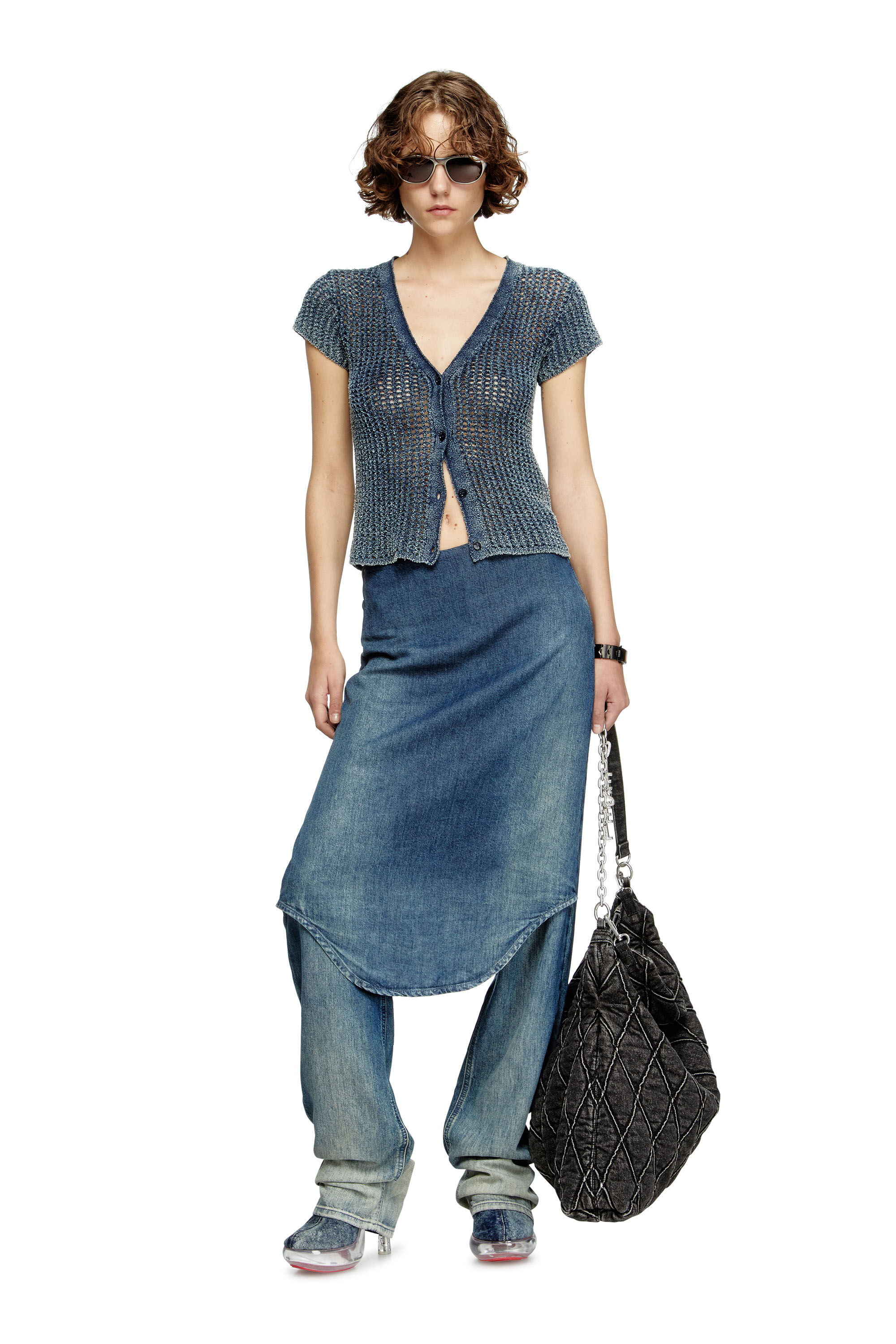 Diesel - M-REZ, Gilet à manches courtes en maille mesh effet denim Femme in Bleu - 1