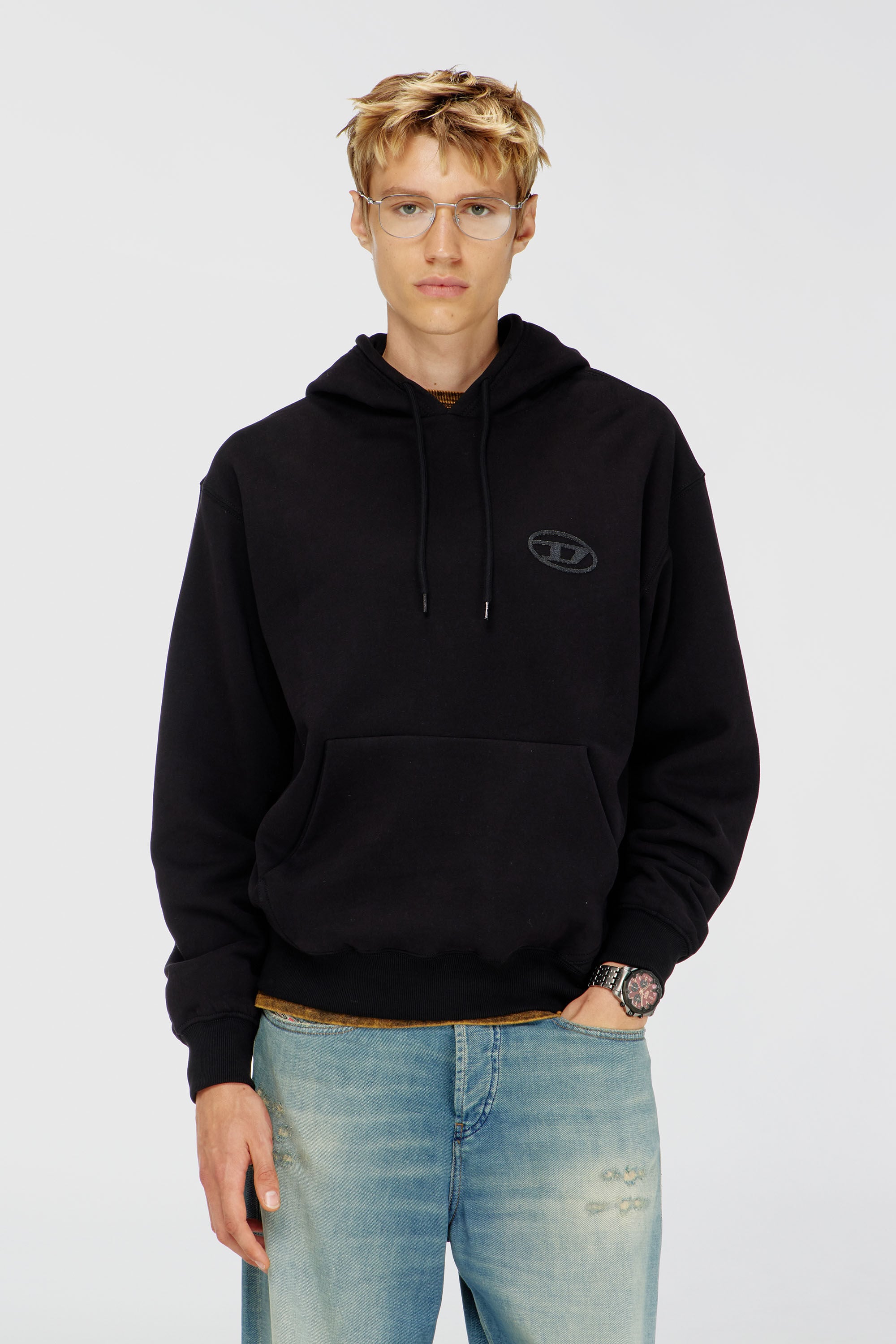 Diesel - S-LUK-H-T92, Man's Cotton hoodie with tonal Oval D logo embroidery in Black - 3