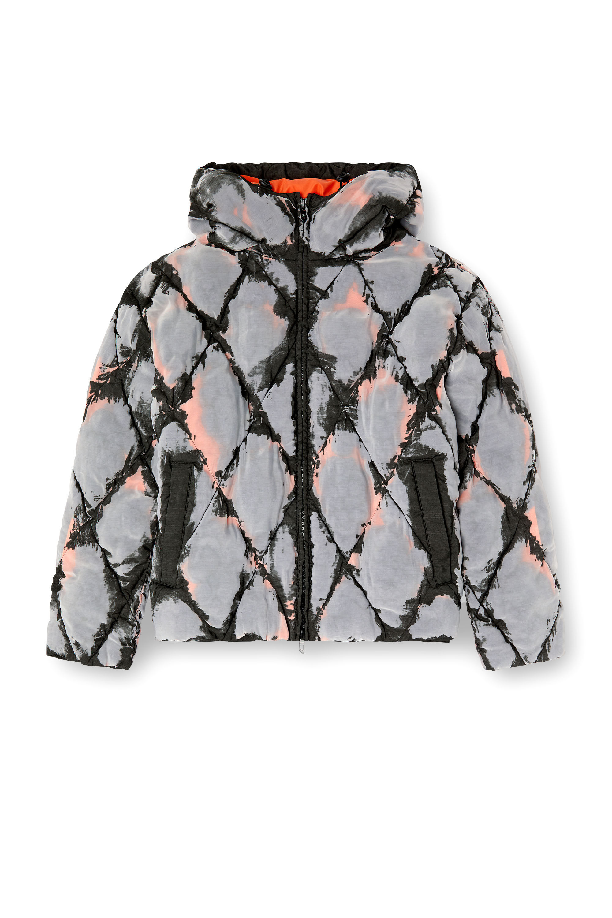 Diesel - W-DOM, Man's Hooded devoré argyle puffer jacket in Black/Red - 2