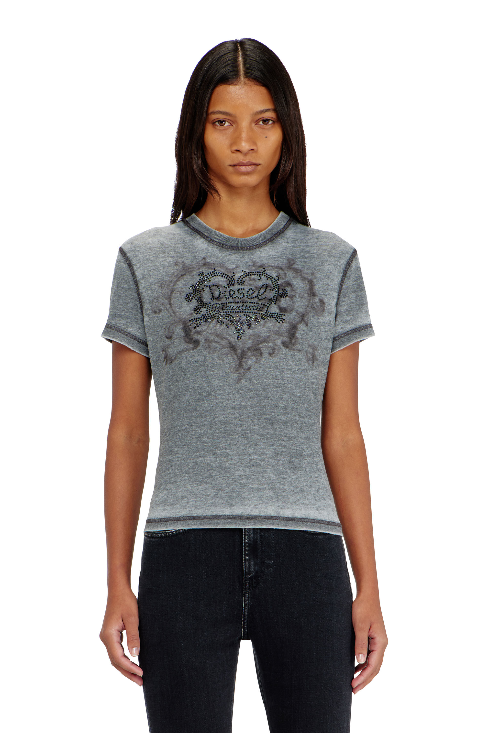 Diesel - T-ILA-AA1, T-shirt en jersey avec strass et burnout effect Femme in Gris - 3