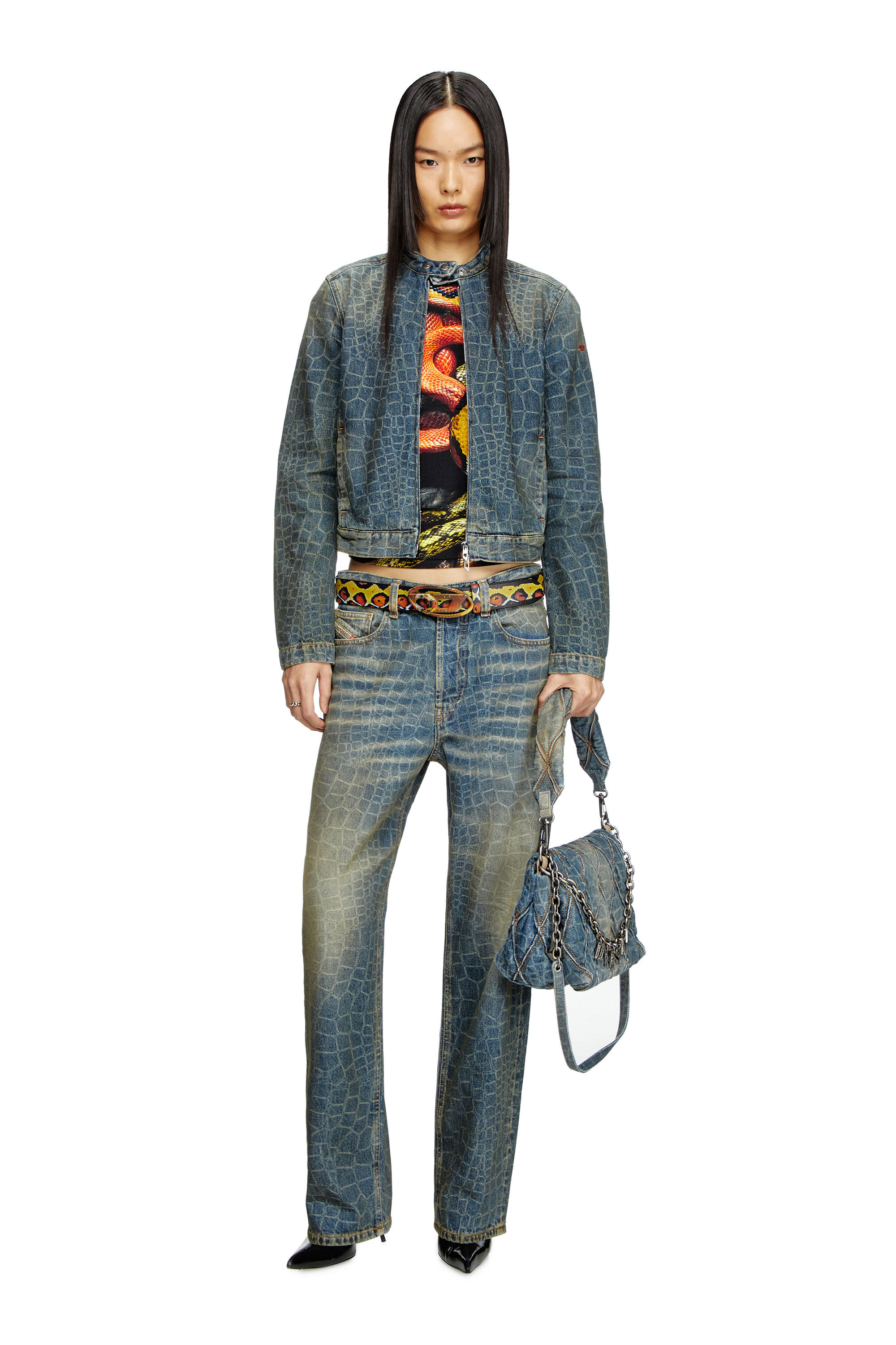 Diesel - CL-DE-MORNIN-SNAKE, Veste biker en denim avec imprimé serpent Femme in Bleu - 1