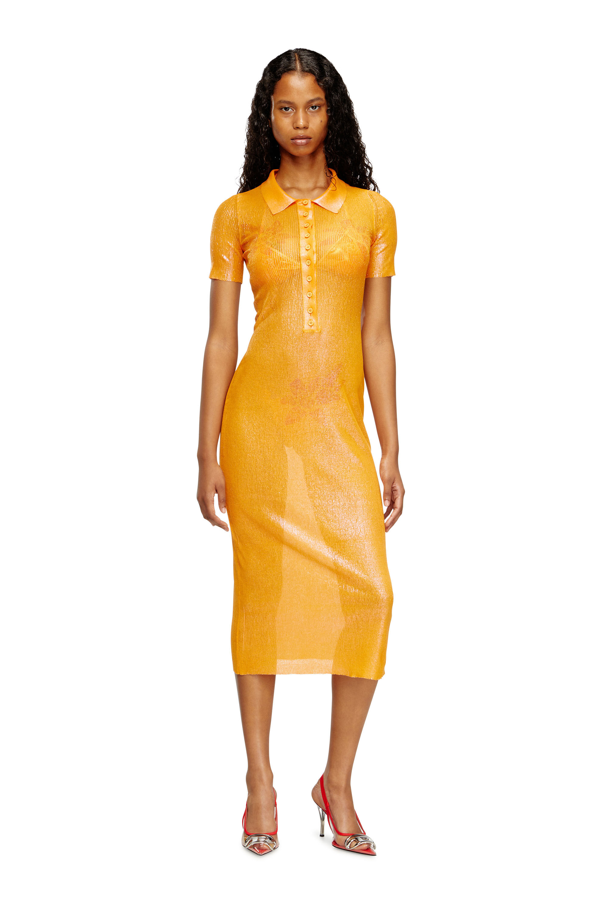Diesel - M-ORANGE-KG, Robe polo en maille irisée à imprimé lotus Femme in Orange - 3