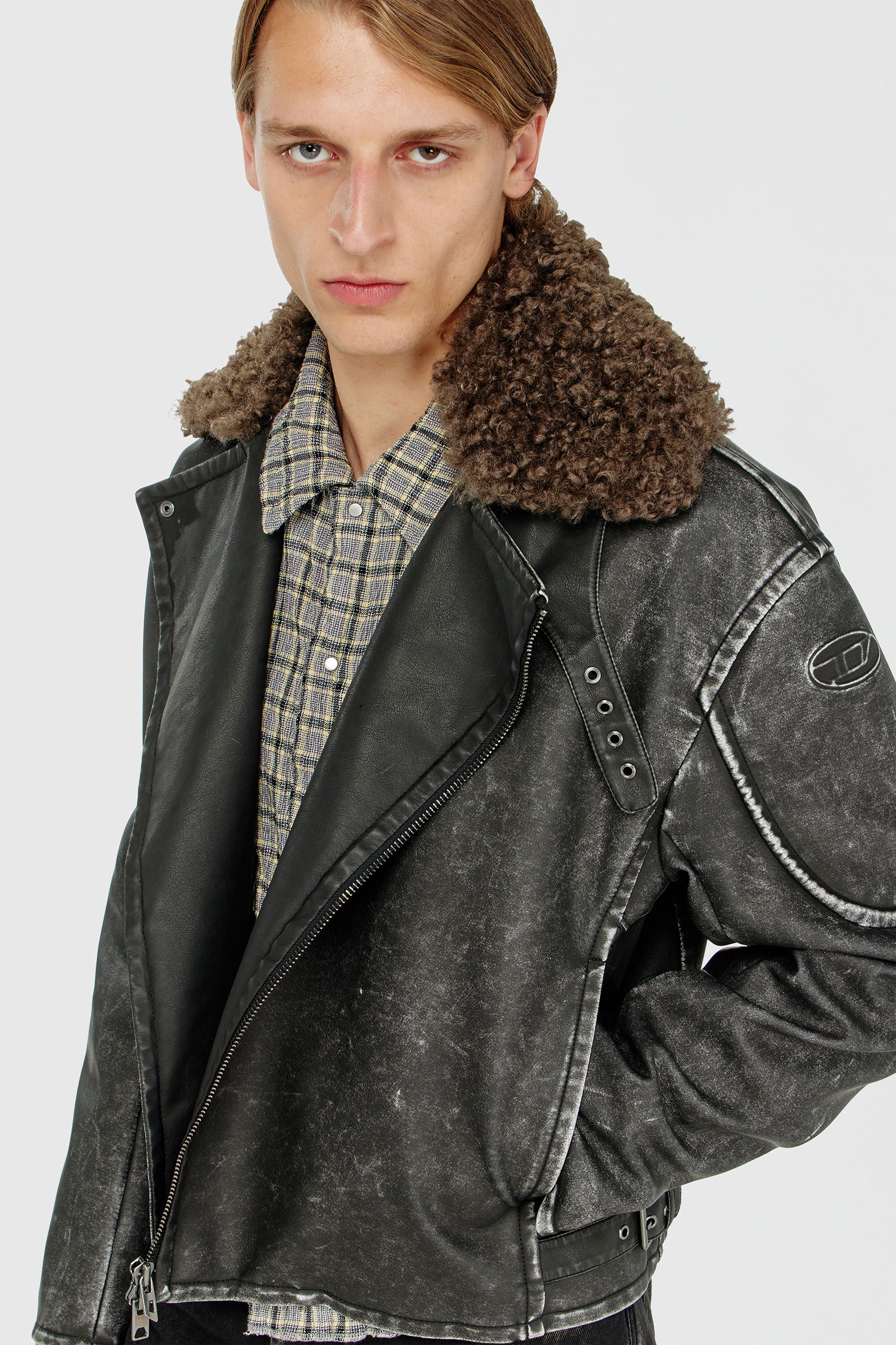 Diesel - W-ALEX, Veste biker avec col amovible Homme in Gris - 6