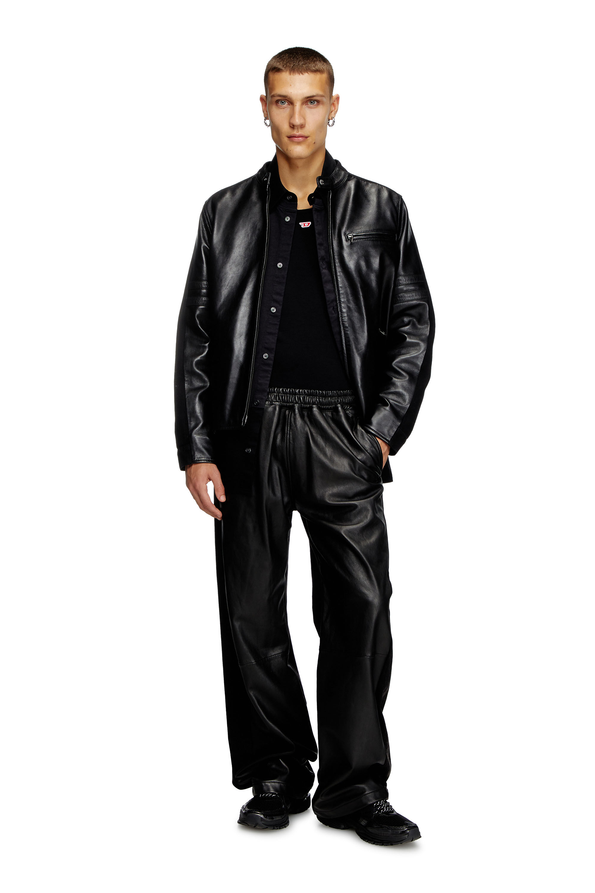 Diesel - P-OCHS, Pantalon hybride en denim et cuir Homme in Noir - 1
