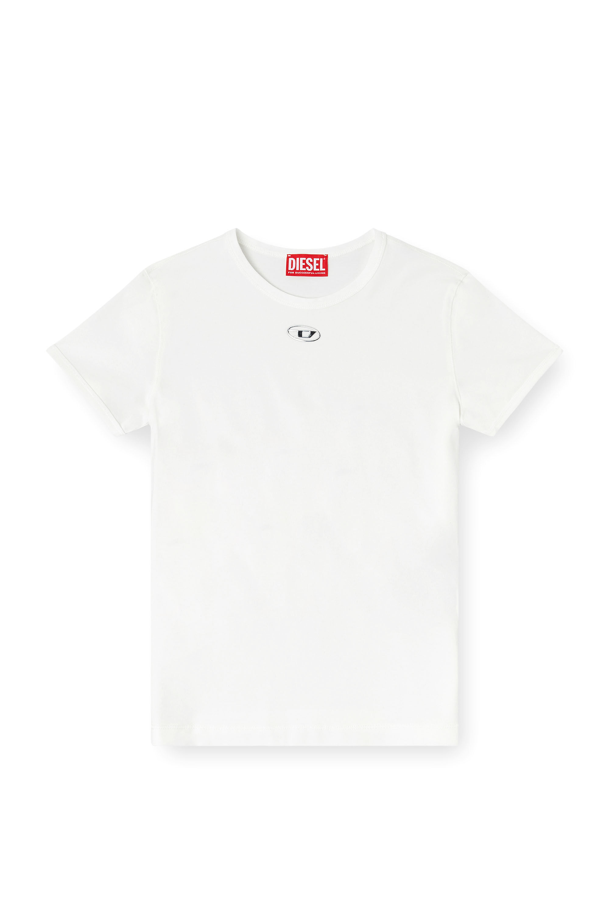 Diesel - T-UNCUTIESLONG-OD, T-shirt ajust&eacute;e avec ovale D m&eacute;tallique Femme in Blanc - 2