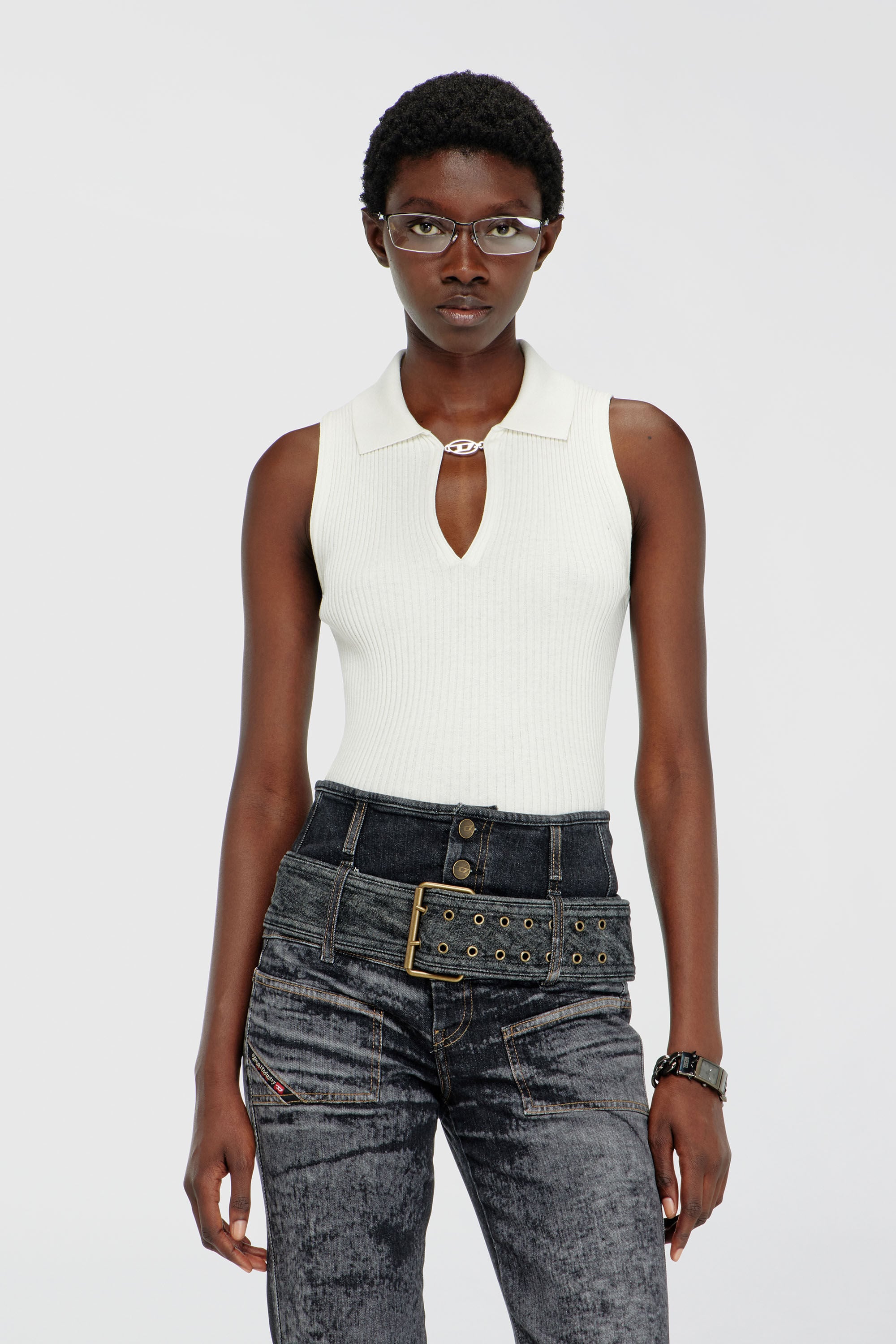 Diesel - M-LILITA, Polo sans manches en maille c&ocirc;tel&eacute;e, m&eacute;lange de soie Femme in Blanc - 3