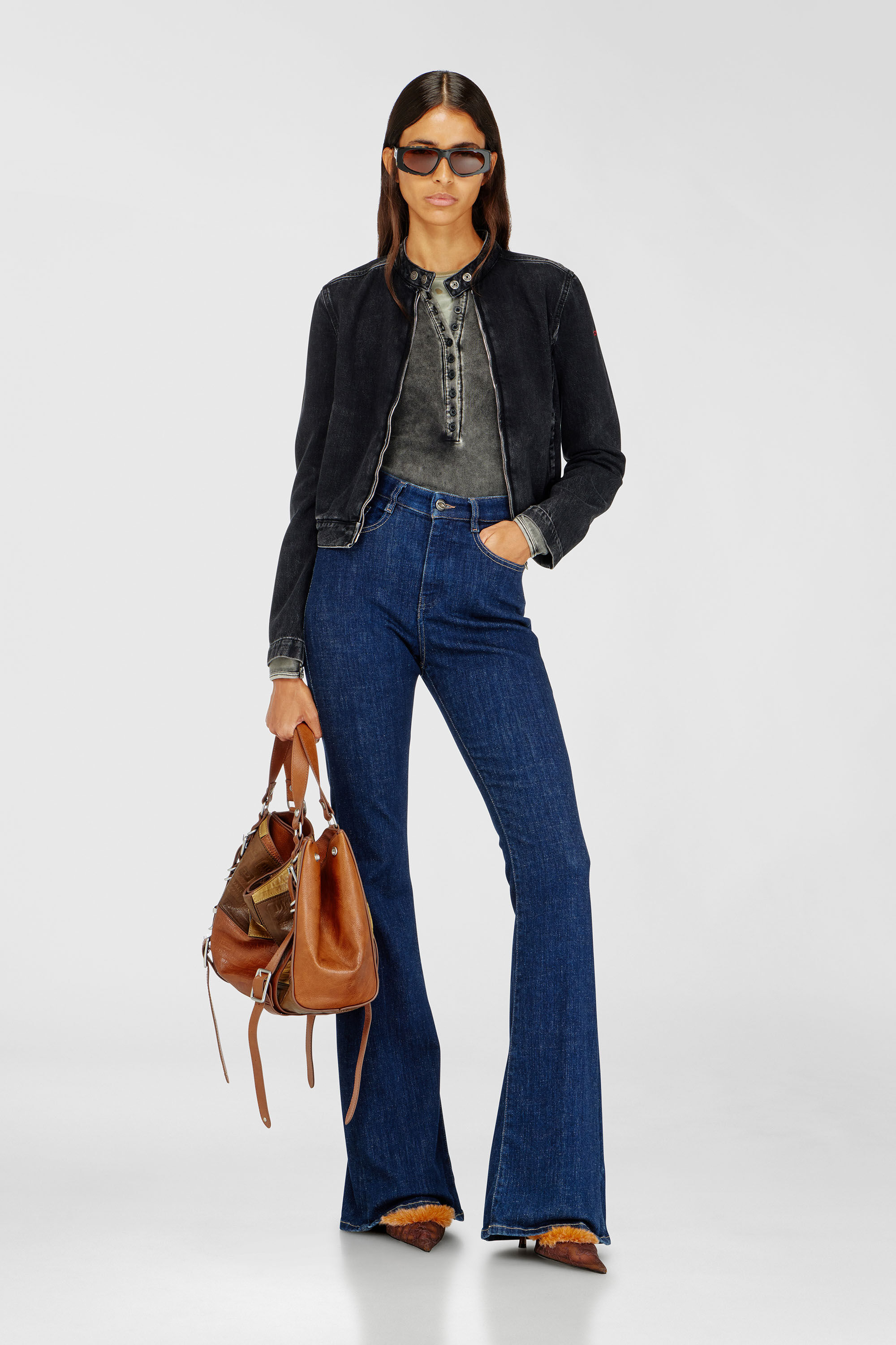 Diesel - DE-MORNIN, Blouson motard en denim en denim &agrave; lavage propre Femme in Noir - 1