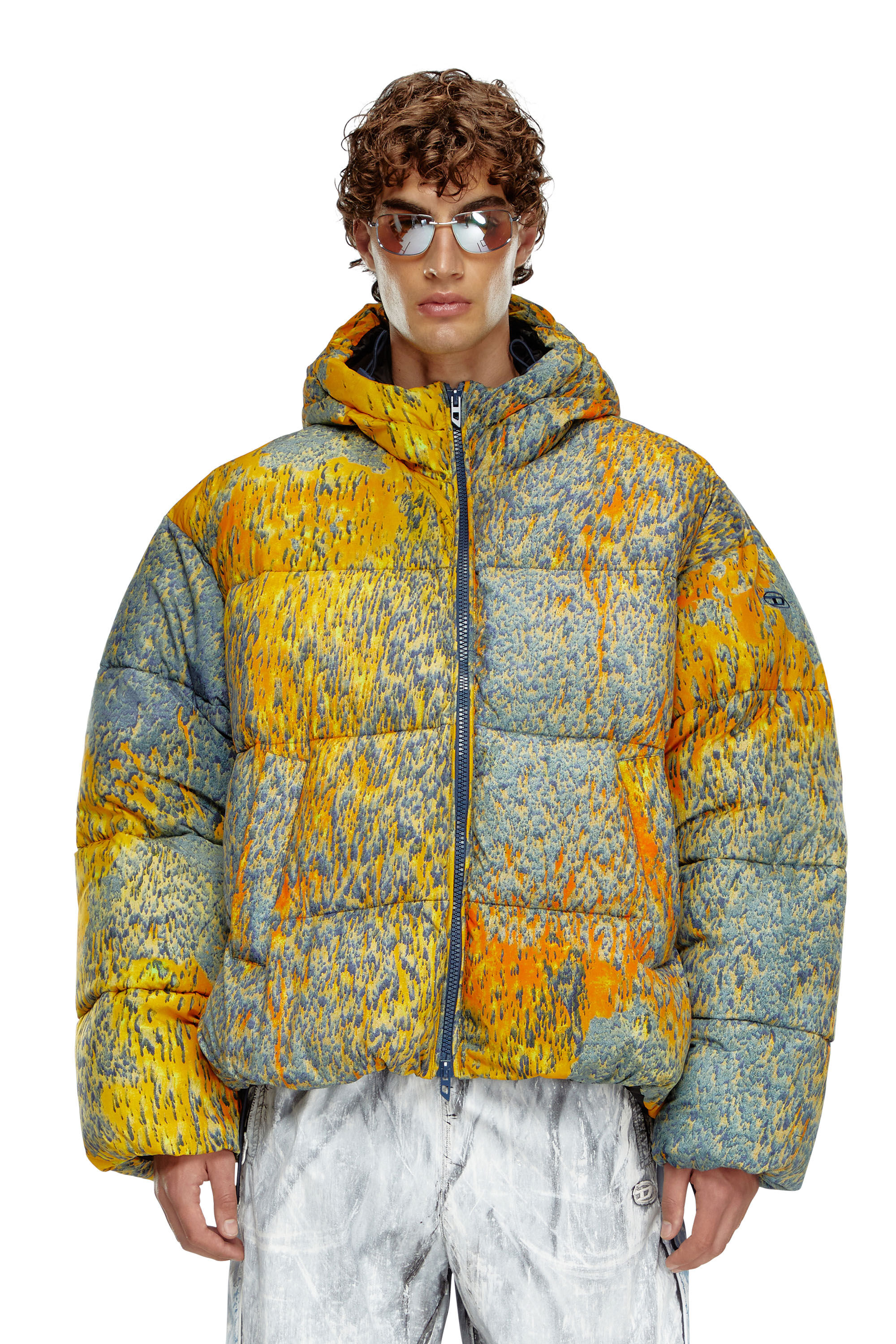 Diesel - W-BOGAERT, Man's Puffer jacket with acid rain effect in Blue/Orange - 3