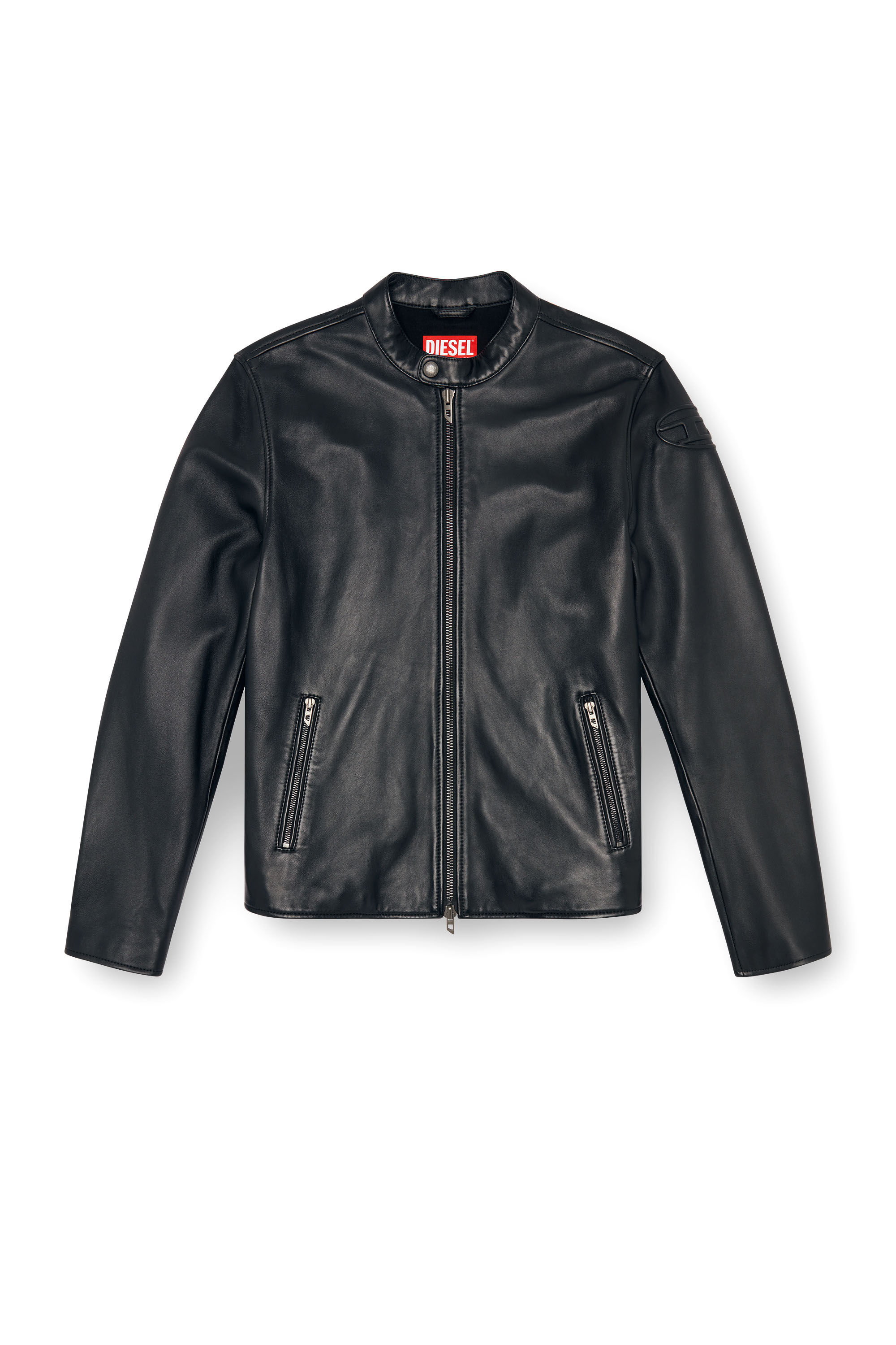 Blouson biker en cuir avec logo embosse Homme Noir Diesel