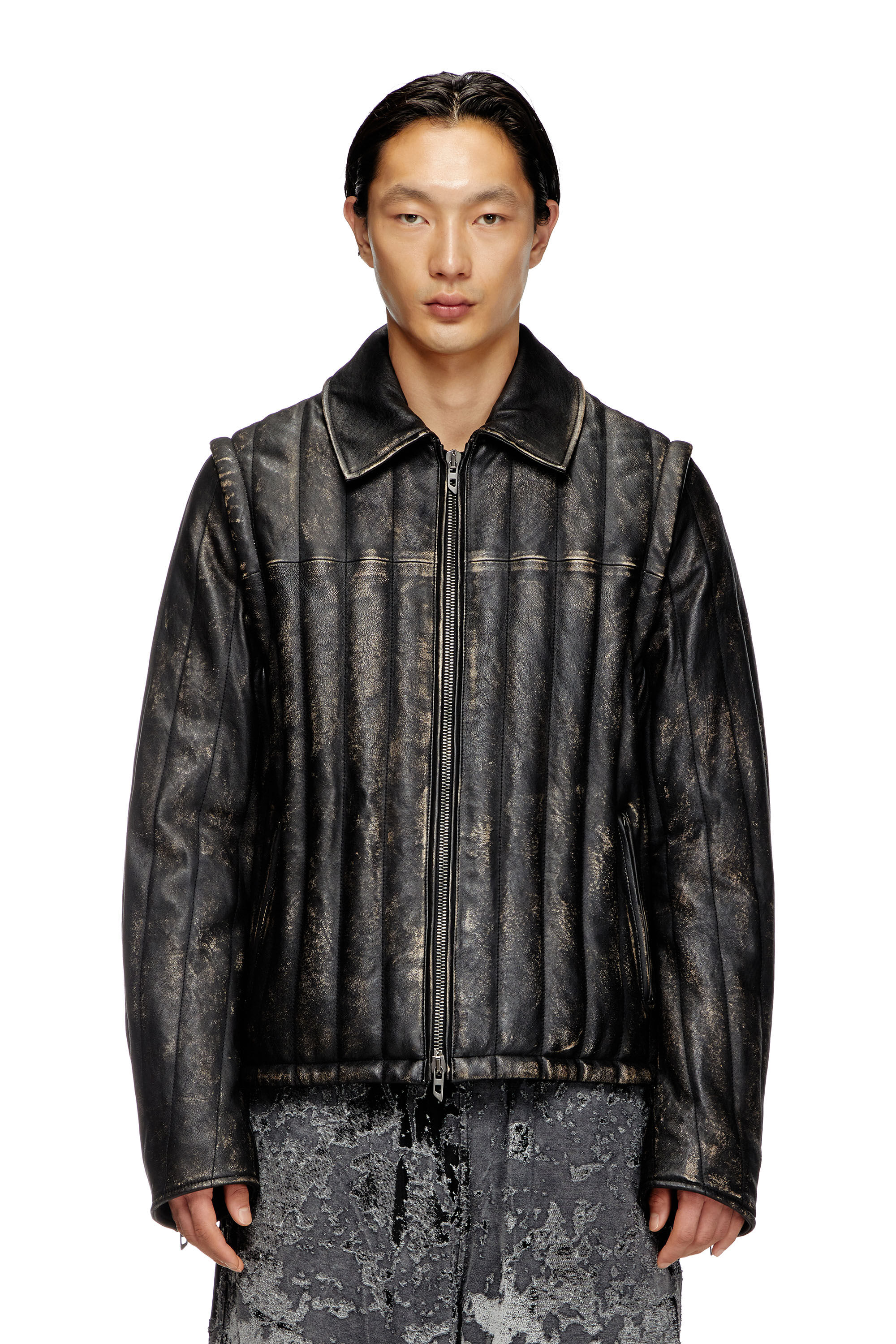 Veste gilet en cuir matelasse effet vieilli Homme Noir Diesel