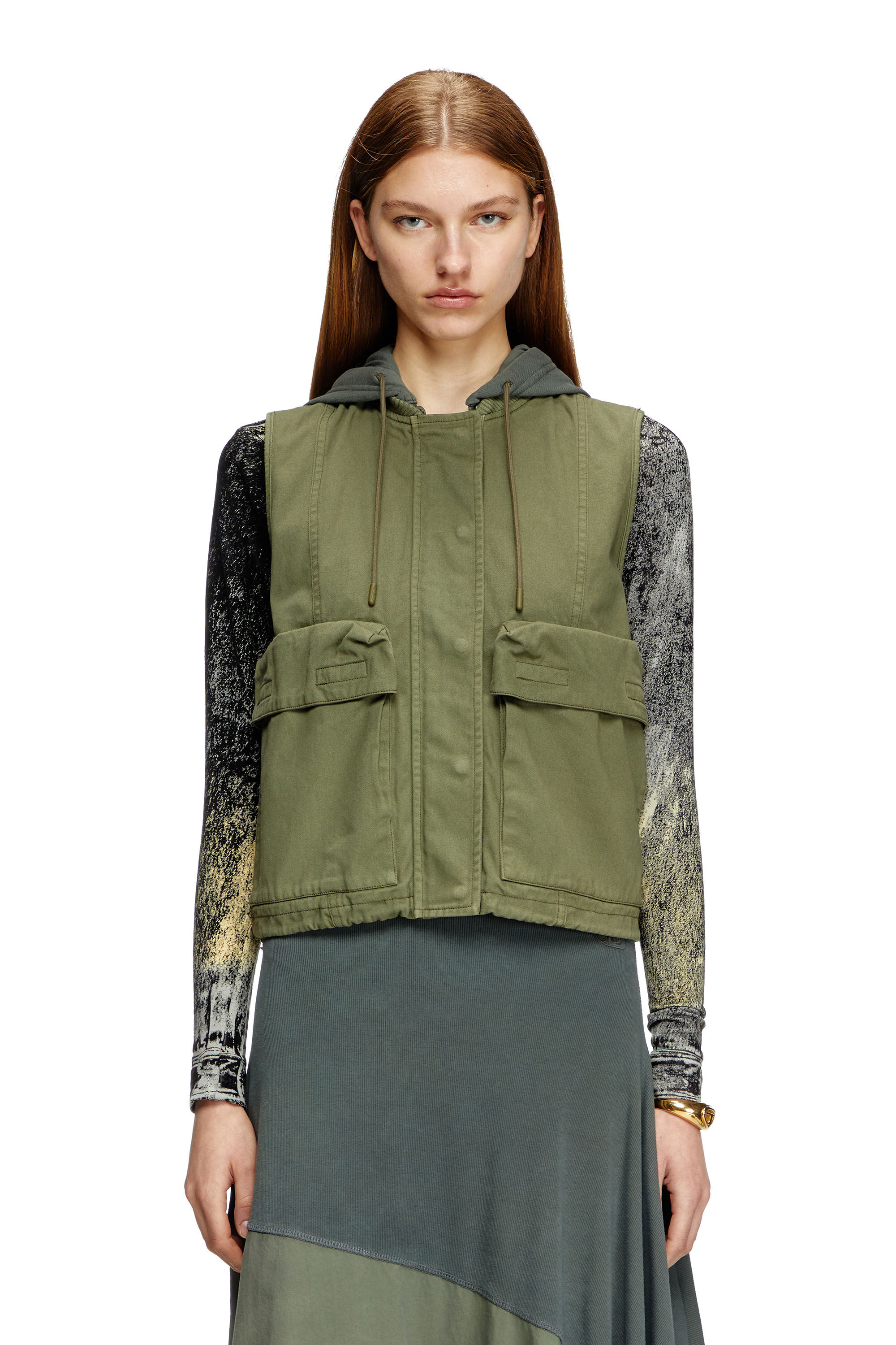 Diesel - G-ENESIS, Gilet cargo à capuche en sergé de coton Femme in Vert - 3