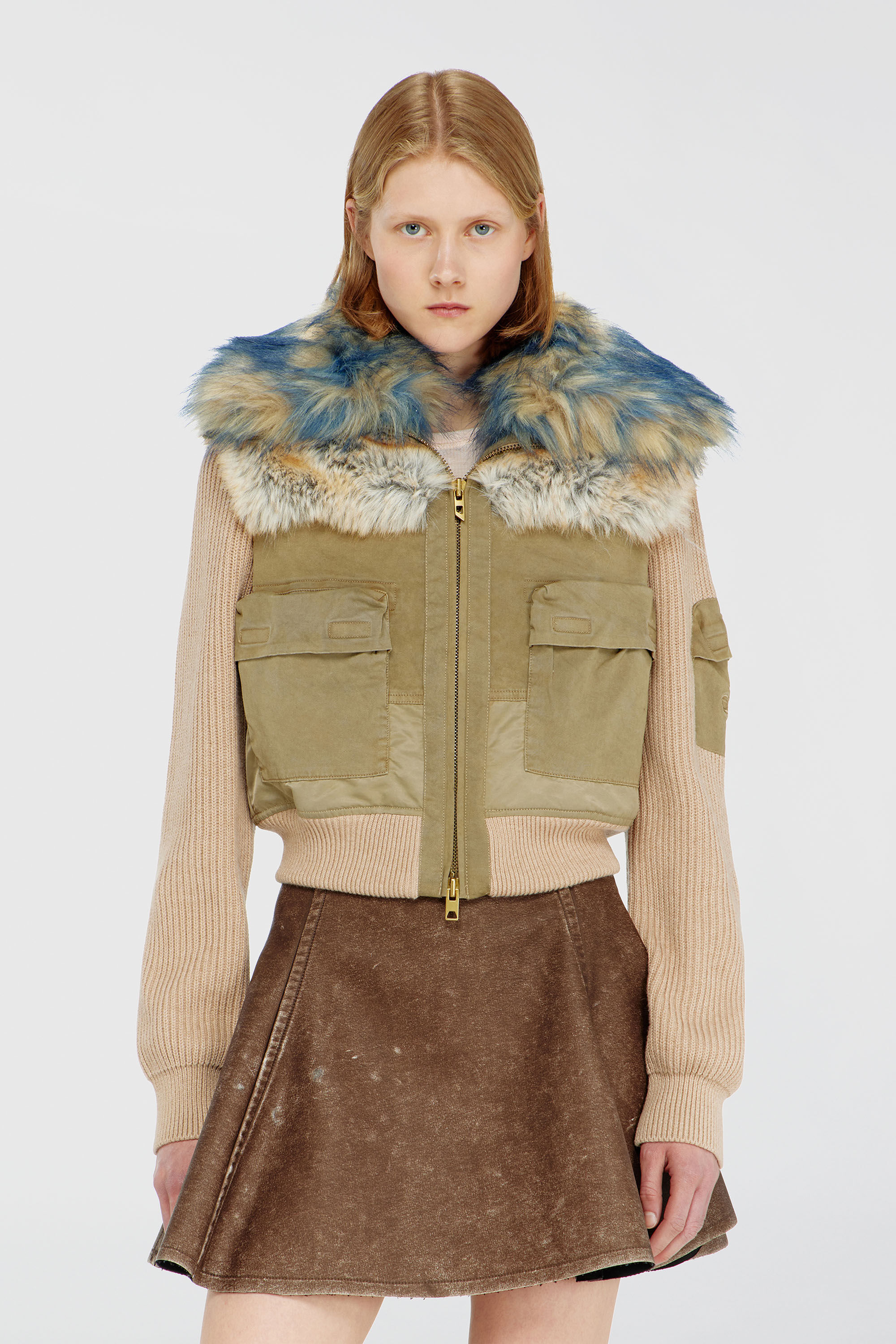 Diesel - G-USTAV, Blouson avec finitions en maille c&ocirc;tel&eacute;e et effet peluche Femme in Beige - 3